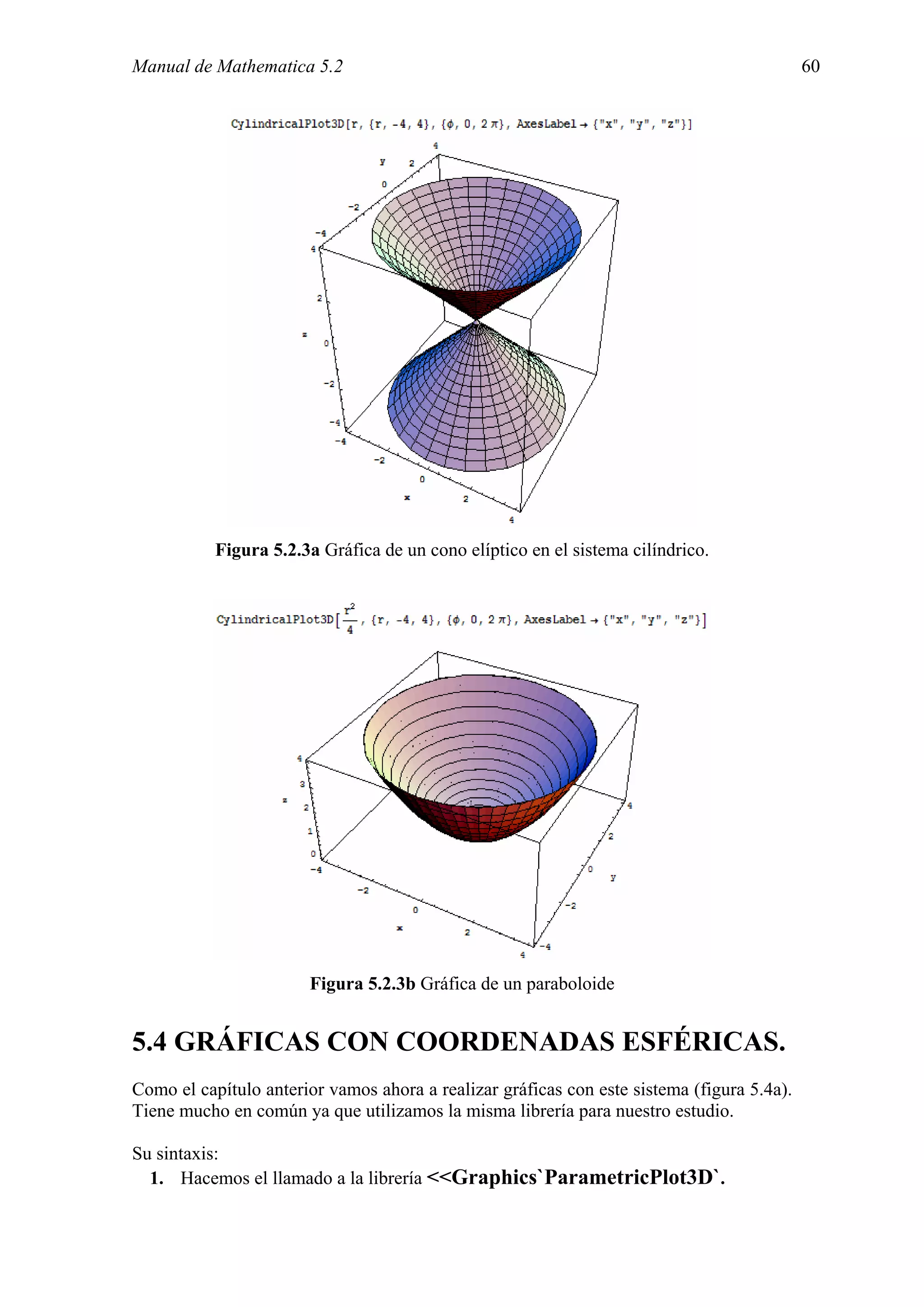 Manual de Mathematica 5.2                                                                   60




           Figura 5.2.3a Gráfica de un cono elíptico en el sistema cilíndrico.




                       Figura 5.2.3b Gráfica de un paraboloide


5.4 GRÁFICAS CON COORDENADAS ESFÉRICAS.
Como el capítulo anterior vamos ahora a realizar gráficas con este sistema (figura 5.4a).
Tiene mucho en común ya que utilizamos la misma librería para nuestro estudio.

Su sintaxis:
  1. Hacemos el llamado a la librería <<Graphics`ParametricPlot3D`.
 