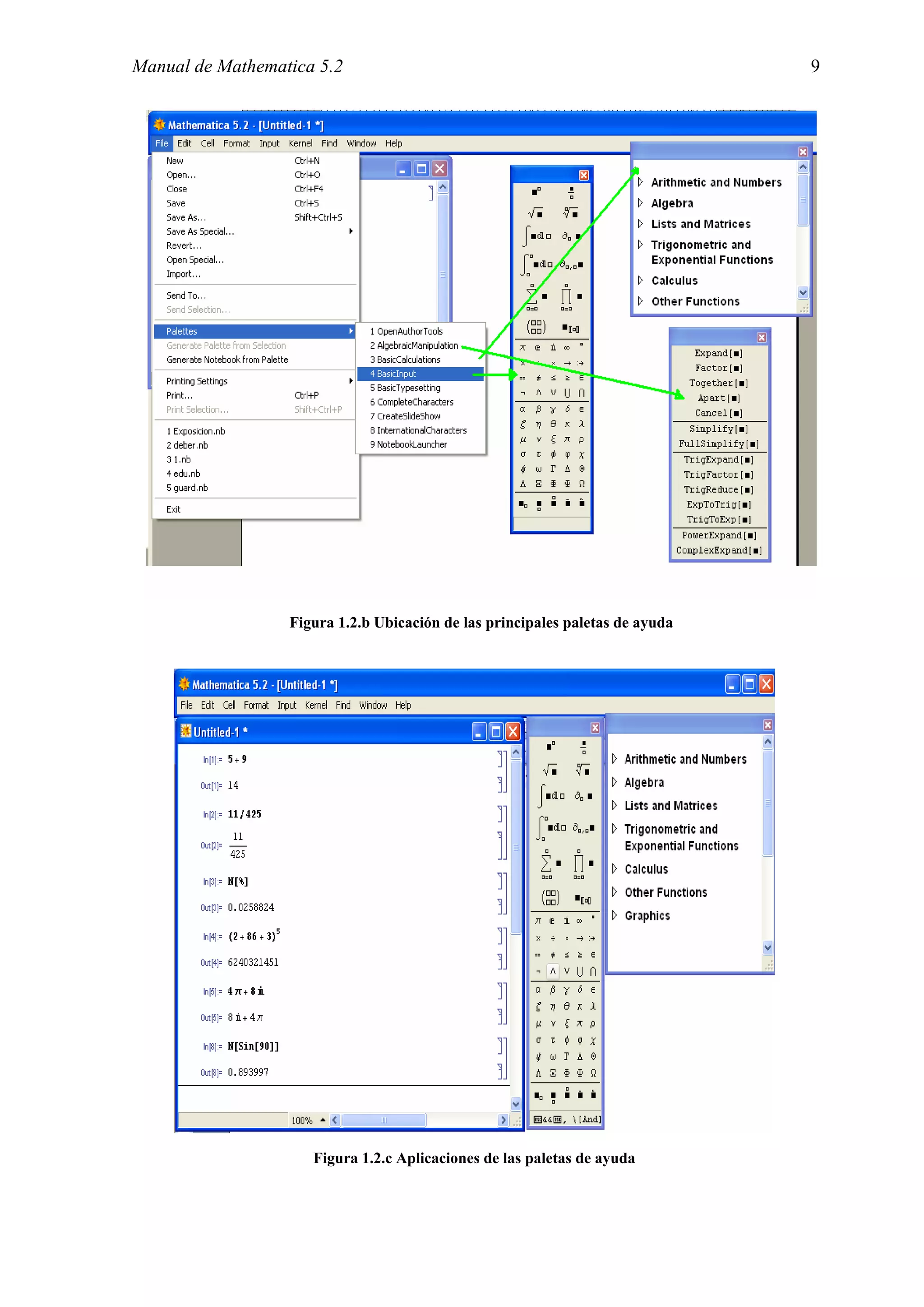 Manual de Mathematica 5.2                                                      9




                  Figura 1.2.b Ubicación de las principales paletas de ayuda




                     Figura 1.2.c Aplicaciones de las paletas de ayuda
 
