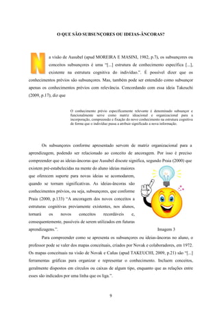 O QUE SÃO SUBSUNÇORES OU IDEIAS-ÂNCORAS?

a visão de Ausubel (apud MOREIRA E MASINI, 1982, p.7), os subsunçores ou
conceitos subsunçores é uma “[...] estrutura de conhecimento específica [...],
existente na estrutura cognitiva do indivíduo.”. É possível dizer que os
conhecimentos prévios são subsunçores. Mas, também pode ser entendido como subsunçor
apenas os conhecimentos prévios com relevância. Concordando com essa ideia Takeuchi
(2009, p.17), diz que

O conhecimento prévio especificamente relevante é denominado subsunçor e
funcionalmente serve como matriz ideacional e organizacional para a
incorporação, compreensão e fixação do novo conhecimento na estrutura cognitiva
de forma que o indivíduo passa a atribuir significado a nova informação.

Os subsunçores conforme apresentado servem de matriz organizacional para a
aprendizagem, podendo ser relacionado ao conceito de ancoragem. Por isso é preciso
compreender que as ideias-âncoras que Ausubel discute significa, segundo Praia (2000) que
existem pré-estabelecidas na mente do aluno ideias maiores
que oferecem suporte para novas ideias se acomodarem,
quando se tornam significativas. As ideias-âncoras são
conhecimentos prévios, ou seja, subsunçores, que conforme
Praia (2000, p.133) “A ancoragem dos novos conceitos a
estruturas cognitivas previamente existentes, nos alunos,
tornará

os

novos

conceitos

recordáveis

e,

consequentemente, passíveis de serem utilizados em futuras
aprendizagens.”.

Imagem 3

Para compreender como se apresenta os subsunçores ou ideias-âncoras no aluno, o
professor pode se valer dos mapas conceituais, criados por Novak e colaboradores, em 1972.
Os mapas conceituais na visão de Novak e Cañas (apud TAKEUCHI, 2009, p.21) são “[...]
ferramentas gráficas para organizar e representar o conhecimento. Incluem conceitos,
geralmente dispostos em círculos ou caixas de algum tipo, enquanto que as relações entre
esses são indicados por uma linha que os liga.”.

9

 