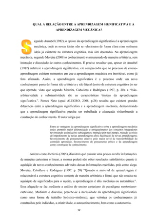 QUAL A RELAÇÃO ENTRE A APRENDIZAGEM SIGNIFICATIVA E A
APRENDIZAGEM MECÂNICA?

egundo Ausubel (1982), o oposto da aprendizagem significativa é a aprendizagem
mecânica, onde as novas ideias não se relacionam de forma clara com nenhuma
ideia já existente na estrutura cognitiva, mas sim decoradas. Na aprendizagem
mecânica, segundo Moreira (2006) o conhecimento é armazenado de maneira arbitrária, sem
interação e dissociado de outros conhecimentos. É preciso ressaltar que, apesar de Ausubel
(1982) enfatizar a aprendizagem significativa, ele compreendia que no processo de ensinoaprendizagem existem momentos em que a aprendizagem mecânica era inevitável, como já
fora afirmado. Assim, a aprendizagem significativa é o processo onde um novo
conhecimento passa de forma não arbitrária e não literal dentro da estrutura cognitiva do ser
que aprende, visto que segundo Moreira, Caballero e Rodrigues (1997, p. 20), a “Nãoarbitrariedade e substantividade são as características básicas da aprendizagem
significativa.”. Pontes Neto (apud ALEGRO, 2008, p.26) ressalta que existem grandes
diferenças entre a aprendizagem significativa e a aprendizagem mecânica, demonstrando
que a aprendizagem significativa precisa ser trabalhada e alcançada vislumbrando a
construção do conhecimento. O autor alega que
Entre as vantagens da aprendizagem significativa sobre a aprendizagem mecânica
estão: permitir maior diferenciação e enriquecimento dos conceitos integradores
favorecendo assimilações subseqüentes; retenção por mais tempo, redução do risco
de impedimento de novas aprendizagens afins; facilitação de novas aprendizagens;
favorecimento do pensamento criativo pelo maior nível de transferibilidade do
conteúdo aprendido; favorecimento do pensamento crítico e da aprendizagem
como construção de conhecimento.

Autores como Behrens (2005), discutem que quando uma pessoa recebe informações
de maneira cartesiana e linear, a mesma poderá não obter resultados satisfatórios quanto à
aquisição de novos conhecimentos advindos dessas informações recebidas, pois como alega
Moreira, Caballero e Rodrigues (1997, p. 20) “Quando o material de aprendizagem é
relacionável a estrutura cognitiva somente de maneira arbitrária e literal que não resulta na
aquisição de significados para o sujeito, a aprendizagem é dita mecânica ou automática.”.
Essa alegação se faz mediante a análise do ensino cartesiano do paradigma newtonianocartesiano. Mediante o discurso, percebe-se a necessidade da aprendizagem significativa
como uma forma de trabalho holístico-sistêmico, que valoriza os conhecimentos já
construídos pelo indivíduo, a criatividade, o autoconhecimento, bem como a autonomia.
12

 