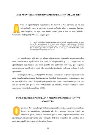 ONDE ACONTECE A APRENDIZAGEM SIGNIFICATIVA EM AUSUBEL?

teoria da aprendizagem significativa de Ausubel (1982) apresenta-se em sua
originalidade como a que mais propícia reflexão sobre as questões didáticometodológicas, ou seja, uma teoria voltada para a sala de aula. Moreira,
Caballero e Rodriguez (1997, p. 35 alegam que

[...] a teoria original de Ausubel, enriquecida por Novak, apesar de também ser uma
teoria de aprendizagem, é a que mais oferece, explicitamente, diretrizes
instrucionais, princípios e estratégias que pode vislumbrar mais facilmente como
por em prática, que estão mais perto da sala de aula. [...] a teoria de Ausubel é uma
teoria de aprendizagem em sala de aula.

As metodologias utilizadas em sala de aula devem ser tidas pelos alunos como algo
novo, interessante e significativo, pois como diz Aragão (1976, p. 22) “Um processo de
aprendizagem significativa tem início quando uma expressão simbólica, que é apenas
potencialmente significativa, isto é não tem ainda significado real para o aluno, é a ele
apresentada.”.
Como já discutido, Ausubel (1982) defende a ideia de que os professores necessitam
criar situações pedagógicas e didáticas com a finalidade de desvelar os conhecimentos que
os alunos já sabem, sendo designado pelo próprio autor como conhecimentos prévios, que
são os suportes em que o novo conhecimento se apoiaria, processo conhecido como
ancoragem, como já afirmara Praia (2000).

QUAL O PRIMEIRO PASSO PARA A APRENDIZAGEM SIGNIFICATIVA
ACONTECER?

professor deve trabalhar partindo dos organizadores prévios, que fornecem ideias
âncora ou ancoradouro provisório, ele deve segundo Moreira (2006), ao
identificar que o conteúdo é relevante para o aluno, explicar claramente a sua
relevância; bem como apresentar uma visão geral de todo o conteúdo e em seguida o novo
conteúdo específico com a metodologia introdutória.

16

 