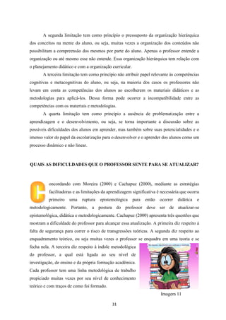 A segunda limitação tem como princípio o pressuposto da organização hierárquica
dos conceitos na mente do aluno, ou seja, muitas vezes a organização dos conteúdos não
possibilitam a compreensão dos mesmos por parte do aluno. Apenas o professor entende a
organização ou até mesmo esse não entende. Essa organização hierárquica tem relação com
o planejamento didático e com a organização curricular.
A terceira limitação tem como princípio não atribuir papel relevante às competências
cognitivas e metacognitivas do aluno, ou seja, na maioria dos casos os professores não
levam em conta as competências dos alunos ao escolherem os materiais didáticos e as
metodologias para aplicá-los. Dessa forma pode ocorrer a incompatibilidade entre as
competências com os materiais e metodologias.
A quarta limitação tem como princípio a ausência de problematização entre a
aprendizagem e o desenvolvimento, ou seja, se torna importante a discussão sobre as
possíveis dificuldades dos alunos em aprender, mas também sobre suas potencialidades e o
imenso valor do papel da escolarização para o desenvolver e o aprender dos alunos como um
processo dinâmico e não linear.

QUAIS AS DIFICULDADES QUE O PROFESSOR SENTE PARA SE ATUALIZAR?

oncordando com Moreira (2000) e Cachapuz (2000), mediante as estratégias
facilitadoras e as limitações da aprendizagem significativa é necessária que ocorra
primeiro

uma

ruptura

epistemológica

para

então

ocorrer

didática

e

metodologicamente. Portanto, a postura do professor deve ser de atualizar-se
epistemológica, didática e metodologicamente. Cachapuz (2000) apresenta três questões que
mostram a dificuldade do professor para alcançar essa atualização. A primeira diz respeito à
falta de segurança para correr o risco de transgressões teóricas. A segunda diz respeito ao
enquadramento teórico, ou seja muitas vezes o professor se enquadra em uma teoria e se
fecha nela. A terceira diz respeito à índole metodológica
do professor, a qual está ligada ao seu nível de
investigação, de ensino e da própria formação acadêmica.
Cada professor tem uma linha metodológica de trabalho
propiciado muitas vezes por seu nível de conhecimento
teórico e com traços de como foi formado.
Imagem 11
31

 