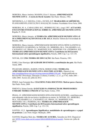 MOREIRA, Marco Antônio; MASSINI, Elcie F. Salzano; APRENDIZAGEM
SIGNIFICATIVA – A teoria de David Ausubel. São Paulo: Moraes, 1982.
MENDONÇA, A. F. ROCHA, C.R.R. e NUNES, H.P. TRABALHOS ACADÊMICOS:
PLANEJAMENTO, EXECUÇÃO E AVALIAÇÃO. Goiânia: Faculdades Alves Faria, 2008.
MOREIRA, M. A., CABALLERO, M.C., RODRIGUEZ, M.L. (orgs) 1997. ACTAS DEL
ENCUENTRO INTERNACIONAL SOBRE EL APRENDIZAJE SIGNIFICATIVO.
España. P, 19-44.
MOREIRA, Marco Antonio. A TEORIA DA APRENIDZAGEM SIGNIFICATIVA E
SUA IMPLEMENTAÇÃO EM SALA DE AULA. Brasília: Editora da Universidade de
Brasília, 2006.
MOREIRA, Marco Antonio. APRENDIZAGEM SIGNIFICATIVA CRÍTICA (CRITICAL
MEANINGFUL LEARNING). In: NOVAK, J.D., MOREIRA, M.A., VALADARES, A.J.,
CACHAPUZ, A.F., PRAIA, J.F., MARTINEZ, R.D., MONTERO, Y.H. e PEDROSA, M.E.
TEORIA DA APRENDIZAGEM SIGNIFICATIVA: Contributos do III Encontro
Internacional sobre aprendizagem significativa. Penche, 2000. Cap. 5, p. 121-134.
NOVAK, J.D. UMA TEORIA DE EDUCAÇÃO. São Paulo: Pioneira, 1981.
PARO, Vitor Henrique. QUALIDADE DO ENSINO: a contribuição dos pais. São Paulo:
Xamã, 2000.
PELIZZARI; KRIGEL; BARON; FINCK; DOROCLNSKI. TEORIA DA
APRENDIZAGEM SIGNIFICATIVA SEGUNDO AUSUBEL. Diponível em:
http://portaldoprofessor.mec.gov.br/storge/materiais/0000012381.pdf . Artigo publicado na
Revista PEC (Psicologia, Educação e Cultura), Curitiba, v.2, n.1, p.37-42. Julho 2001 –
Julho 2002. Acesso em: julho de 2012.
PÉREZ, Juan Fernando Bou. COACHING PARA DOCENTES: Motivar para o Sucesso.
São Paulo: Porto, 2009.
PIMENTA, Selma Garrido. O ESTÁGIO NA FORMAÇÃO DE PROFESSORES:
UNIDADE TEORIA E PRÁTICA? São Paulo: Cortez, 1943.
PRAIA, J.F. APRENDIZAGEM SIGNIFICATIVA EM DAVID AUSUBEL: contributos para
uam adequada visão da sua teoria e incidências no ensino. In: NOVAK, J.D., MOREIRA,
M.A., VALADARES, A.J., CACHAPUZ, A.F., PRAIA, J.F., MARTINEZ, R.D.,
MONTERO, Y.H. e PEDROSA, M.E. TEORIA DA APRENDIZAGEM
SIGNIFICATIVA: Contributos do III Encontro Internacional sobre aprendizagem
significativa. Penche, 2000. Cap. 5, p. 121-134.
SANTOS, J.C.F. Aprendizagem Significativa: modalidades de aprendizagem e o papel
do professor. 2.ed. Porto Alegre: Mediação, 2009.
SANTOS, Mogaline Melo dos. TEORIA DE AUSUBEL. Setembro de 2010. Disponível
em: HTTP://www.ebah.com.br/content/ABAAABNI0AH/david-ausubel. Acesso em: julho de
2012.
39

 