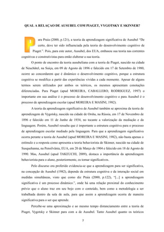QUAL A RELAÇAO DE AUSUBEL COM PIAGET, VYGOTSKY E SKINNER?

ara Praia (2000, p.121), a teoria da aprendizagem significativa de Ausubel “De
certo, deve ter sido influenciada pela teoria do desenvolvimento cognitivo de
Piaget.”. Pois, para este autor, Ausubel, dos EUA, embasou sua teoria nas correntes
cognitivas e construtivistas para então elaborar a sua teoria.
O ponto de encontro da teoria ausubeliana com a teoria de Piaget, nascido na cidade
de Neuchâtel, na Suíça, em 09 de Agosto de 1896 e falecido em 17 de Setembro de 1980,
ocorre ao concordarem que é dinâmico o desenvolvimento cognitivo, porque a estrutura
cognitiva se modifica a partir das experiências vividas a cada momento. Apesar de alguns
termos serem utilizados por ambos os teóricos, os mesmos apresentam conotações
diferenciadas. Para Piaget (apud MOREIRA, CABALLERO, RODRIGUEZ, 1997) o
importante em sua análise é o processo de desenvolvimento cognitivo e para Ausubel é o
processo de aprendizagem escolar (apud MOREIRA E MASINI, 1982).
A teoria da aprendizagem significativa de Ausubel também se aproxima da teoria de
aprendizagem de Vygotsky, nascido na cidade de Orsha, na Rússia, em 17 de Novembro de
1896 e falecido em 11 de Junho de 1934, no tocante a valorização da mediação e da
linguagem. Porém, Ausubel ressalta que é importante a estrutura cognitiva para o processo
de aprendizagem escolar mediado pela linguagem. Para que a aprendizagem significativa
ocorra perante a teoria de Ausubel (apud MOREIRA E MASINI, 1982), não basta apenas o
estímulo e a resposta como apresenta a teoria behaviorista de Skinner, nascido na cidade de
Susquehanna, na Pensilvânia, EUA, em 20 de Março de 1904 e falecido em 18 de Agosto de
1990. Mas, Ausubel (apud TAKEUCHI, 2009), destaca a importância da aprendizagem
behaviorista para o aluno, posteriormente, os tornar significativos.
Pelo discurso ora proferido evidencia-se que a aprendizagem para ser significativa,
na concepção de Ausubel (1982), depende da estrutura cognitiva e da interação social em
medidas simultâneas, visto que como diz Praia (2000, p.122), “[...] a aprendizagem
significativa é um processo dinâmico.”, onde há uma relação proximal do conhecimento
prévio que o aluno traz em seu bojo com o conteúdo, bem como a metodologia a ser
trabalhada dentro da sala de aula, para que assim a aprendizagem ocorra de maneira
significativa para o ser que aprende.
Percebe-se uma aproximação e ao mesmo tempo distanciamento entre a teoria de
Piaget, Vygotsky e Skinner para com a de Ausubel. Tanto Ausubel quanto os teóricos
7

 
