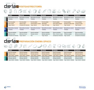 5353
COMIDA DESAY.
MER.

A Manzanilla sin azúcar

CENA

LUNES

A Manzanilla sin azúcar

A Sopa de estrellas

Tostadas

A Puré de patata
Pollo cocido
Yogur natural

Tostadas

Merluza cocida
Compota de manzana

5454

CENA COMIDA

LUNES

A Sopa de estrellas
Merluza cocida
Yogur natural - tostadas
A Sopa de estrellas
Pescado plancha
Yogur natural - tostadas

POSTGASTRECTOMÍA

MARTES

MIÉRCOLES

JUEVES

VIERNES

SÁBADO

DOMINGO

Manzanilla sin azúcar
Tostadas

Manzanilla sin azúcar
Tostadas

Manzanilla sin azúcar
Tostadas

Manzanilla sin azúcar
Tostadas

Manzanilla sin azúcar
Tostadas

Manzanilla sin azúcar
Tostadas

Puré de patata
Salmón vapor
Compota de manzana

Puré de patata
Puré de patata
Ternera asada c/ champ Albóndigas
Yogur natural
Yogur con frutas

Puré de patata
Pollo asado desgras
Yogur natural

Puré de patata
Puré de patata
Pescado en salsa verde Lengua en salsa
Yogur natural
Yogur natural

Manzanilla sin azúcar
Tostadas

Manzanilla sin azúcar
Tostadas

Manzanilla sin azúcar
Tostadas

Manzanilla sin azúcar
Tostadas

Manzanilla sin azúcar
Tostadas

Manzanilla sin azúcar
Tostadas

Sopa de estrellas
Merluza al horno
Yogur natural

Sopa de estrellas
Pescado menier
Flan

Sopa de estrellas
Bacalao ajoarriero
Yogur natural

Sopa de estrellas
Pesc. al horno c/ guar.
Compota de manzana

Sopa de estrellas
Tortilla de patata
Yogur natural

Sopa de estrellas
Merluza a la americana
Compota de manzana

PREPARACIÓN ENEMA OPACO

MARTES

MIÉRCOLES

JUEVES

VIERNES

SÁBADO

DOMINGO

Sopa de estrellas
Pescado plancha
Yogur natural - tostadas
Sopa de estrellas
Pescado plancha
Yogur natural - tostadas

Sopa de estrellas
Pescado plancha
Yogur natural - tostadas
Sopa de estrellas
Pescado plancha
Yogur natural - tostadas

Sopa de estrellas
Pescado plancha
Yogur natural - tostadas
Sopa de estrellas
Pescado plancha
Yogur natural - tostadas

Sopa de estrellas
Pescado plancha
Yogur natural - tostadas
Sopa de estrellas
Pescado plancha
Yogur natural - tostadas

Sopa de estrellas
Merluza cocida
Yogur natural - tostadas
Sopa de estrellas
Pescado plancha
Yogur natural - tostadas

Sopa de estrellas
Pescado plancha
Yogur natural - tostadas
Sopa de estrellas
Pescado plancha
Yogur natural - tostadas

 