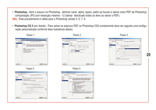 • Photoshop - Abrir o arquivo no Photoshop, eliminar canal alpha, layers, paths se houver e salvar como PDF de Photoshop,
  compactação JPG com resolução máxima - 12 (deixar desclicado todos os itens ao salvar o PDF).
Obs.: Este procedimento é válido para o Photoshop versão 5, 6, 7, 8

• Photoshop CS 2 (em diante) - Para salvar os arquivos PDF no Photoshop CS2 corretamente deve ser seguido uma configu-
  ração personalizada conforme telas ilustrativas abaixo:
            Passo 1                                   Passo 2                                   Passo 3




                                                                                                                        20


            Passo 4                                   Passo 5
 