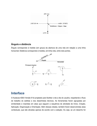 Ângulo e distância
Ângulo corresponde à medida (em graus) da abertura de uma reta em relação a uma linha
horizontal. Distância corresponde à medida, em linha reta, entre dois pontos.
Interface
O Audaces IDEA Versão 6 foi projetado para facilitar o dia a dia do usuário, respeitando o fluxo
de trabalho do estilista e dos desenhistas técnicos. As ferramentas foram agrupadas por
similaridade e inseridas em abas que seguem a sequência de atividade de Início, Criação,
Aplicação, Organização e Orientação. Além dessas citadas, também foram desenvolvidas abas
contextuais, que são ativadas apenas de acordo com a seleção. Ou seja, se um desenho for
 