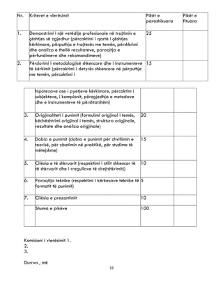 32
Komisioni i vlerësimit 1.
2.
3.
Durrws , më
Nr. Kriteret e vlerësimit Pikët e
parashikuara
Pikët e
fituara
1. Demonstrimi i një vetëdije profesionale në trajtimin e
çështjes së zgjedhur (përcaktimi i qartë i çështjes
kërkimore, përputhja e trajtesës me temën, përshkrimi
dhe analiza e thellë rezultateve, paraqitja e
përfundimeve dhe rekomandimeve)
25
2. Përdorimi i metodologjisë shkencore dhe i instrumenteve
të kërkimit (përcaktimi i detyrës shkencore në përputhje
me temën, përcaktimi i
15
hipotezave ose i pyetjeve kërkimore, përcaktim i
subjekteve, i kampionit, përzgjedhja e metodave
dhe e instrumenteve të përshtatshëm)
3. Origjinaliteti i punimit (formulimi origjinal i temës,
këdvështrimi origjinal i temës, struktura origjinale,
rezultate dhe analiza origjinale)
20
4. Dobia e punimit (dobia e punimit për zhvillimin e
teorisë, për zbatimin në praktikë, për studime të
mëtejshme)
15
5. Cilësia e të shkruarit (respektimi i stilit shkencor të
të shkruarit dhe i rregullave të drejtshkrimit))
10
6. Paraqitja teknike (respektimi i kërkesave teknike të
formatit të punimit)
5
7. Cilësia e prezantimit 10
Shuma e pikëve 100
 