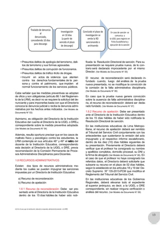 13
Traslado de denuncia
al
denunciado,
concediendo 10 días
para descargo
Investigación
en 10 días
(a partir de
vencido el plazo
de descargo)
Concluido el plazo de
investigación se
emite la RD
sancionando o
archivando
En caso de sanción se
comunica a
la UGEL para registro en
Ficha Escalafonaria y
ejecución de la sanción
• Presuntos delitos de apología del terrorismo, deli-
tos de terrorismo y sus formas agravadas.
• Presuntos delitos de corrupción de funcionarios.
• Presuntos delitos de tráfico ilícito de drogas.
• Incurrir en actos de violencia que atenten
contra los derechos fundamentales de la per-
sona y contra el patrimonio, que impiden el
normal funcionamiento de los servicios públicos.
Cabe señalar que las medidas preventivas se adoptan
de oficio y son obligatorias (artículo 86.1 del Reglamen-
to de la LRM), es decir no se requiere la solicitud del de-
nunciante y para imponerlas basta con que el Director/a
conozca la denuncia judicial o reciba la denuncia admi-
nistrativa por los hechos antes indicados. (Ver Modelo de
Documento N° 03)
Asimismo, es obligación del Director/a de la Institución
Educativa dar cuenta al Director/a de la UGEL o DRE(6)
correspondiente sobre la medida preventiva adoptada.
(Ver Modelo de Documento N° 04)
Además, resulta oportuno precisar que en los casos de
maltrato físico y psicológico contra los estudiantes, la
LRM contempla en sus artículos 48° y 49° el retiro del
docente de la Institución Educativa, correspondiendo
esta decisión al Director/a de la UGEL o DRE, previa
recomendación de la Comisión Permanente de Proce-
sos Administrativos Disciplinarios para Docentes.
1.8 RECURSOS ADMINISTRATIVOS
Existen dos tipos de recursos administrativos me-
diante los cuales se pueden impugnar las sanciones
impuestas por un Director/a de Institución Educativa:
a) Recurso de reconsideración
b) Recurso de apelación
1.8.1 Recurso de reconsideración: Debe ser pre-
sentado ante el Director/a de la Institución Educativa
dentro de los 15 días hábiles de haber sido noti-
ficada la Resolución Directoral de sanción. Para su
presentación se requiere prueba nueva, de lo con-
trario será declarado improcedente por el mismo
Director. (Ver Modelo de Documento N° 05)
El recurso de reconsideración será declarado in-
fundado cuando, luego del análisis de la prueba
nueva presentada, no se modifique la convicción de
la comisión de la falta administrativa disciplinaria.
(Ver Modelo de Documento N° 06)
En caso que la prueba nueva genere convicción
sobre la ausencia de falta administrativa disciplina-
ria, el recurso de reconsideración deberá ser decla-
rado fundado. (Ver Modelo de Documento N° 07)
1.8.2 Recurso de apelación: Debe ser presentado
ante el Director/a de la Institución Educativa dentro
de los 15 días hábiles de haber sido notificada la
Resolución Directoral de sanción.
En las instituciones educativas de Lima Metropo-
litana, el recurso de apelación deberá ser remitido
al Tribunal del Servicio Civil conjuntamente con los
antecedentes que sustentaron la emisión del acto
impugnado y el respectivo informe escalafonario,
dentro de los diez (10) días hábiles siguientes de
su presentación. Previamente el Director/a deberá
verificar que el profesor ha consignado su nombre
y apellidos completos, domicilio procesal, su DNI y
la firma de abogado (Ver Modelo de Documento N° 08). En
el caso de que el profesor no haya consignado los
referidos datos, el Director/a deberá solicitarle que
subsane su recurso en el plazo de 02 días hábiles,
según lo establecido en los artículos 18 y 19 del De-
creto Supremo Nº 135-2013-PCM que modifica el
Reglamento del Tribunal del Servicio Civil.
En las instituciones educativas de los Gobiernos
Regionales, deberá elevarse todo el expediente
al superior jerárquico, es decir, a la UGEL o DRE
correspondiente, sin realizar ninguna verificación o
análisis del recurso. (Ver Modelo de Documento N° 09)
(6) En elcaso que la institución educativa responda administrativamente a la DRE.
 