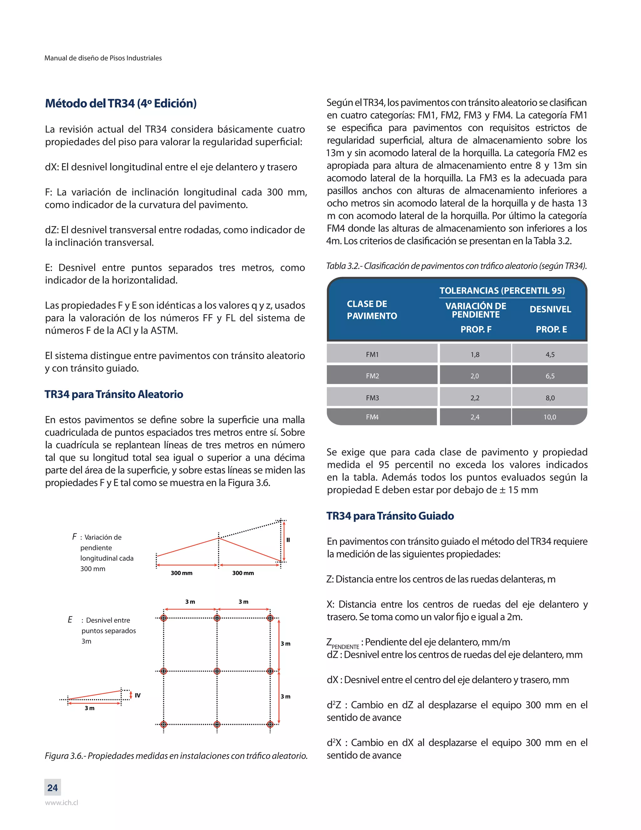 Manual de diseño de Pisos Industriales
www.ich.cl
24
SegúnelTR34,lospavimentoscontránsitoaleatorioseclasifican
en cuatro categorías: FM1, FM2, FM3 y FM4. La categoría FM1
se especifica para pavimentos con requisitos estrictos de
regularidad superficial, altura de almacenamiento sobre los
13m y sin acomodo lateral de la horquilla. La categoría FM2 es
apropiada para altura de almacenamiento entre 8 y 13m sin
acomodo lateral de la horquilla. La FM3 es la adecuada para
pasillos anchos con alturas de almacenamiento inferiores a
ocho metros sin acomodo lateral de la horquilla y de hasta 13
m con acomodo lateral de la horquilla. Por último la categoría
FM4 donde las alturas de almacenamiento son inferiores a los
4m. Los criterios de clasificación se presentan en laTabla 3.2.
Método delTR34 (4º Edición)
La revisión actual del TR34 considera básicamente cuatro
propiedades del piso para valorar la regularidad superficial:
dX: El desnivel longitudinal entre el eje delantero y trasero
F: La variación de inclinación longitudinal cada 300 mm,
como indicador de la curvatura del pavimento.
dZ: El desnivel transversal entre rodadas, como indicador de
la inclinación transversal.
E: Desnivel entre puntos separados tres metros, como
indicador de la horizontalidad.
Las propiedades F y E son idénticas a los valores q y z, usados
para la valoración de los números FF y FL del sistema de
números F de la ACI y la ASTM.
El sistema distingue entre pavimentos con tránsito aleatorio
y con tránsito guiado.
TR34 paraTránsito Aleatorio
En estos pavimentos se define sobre la superficie una malla
cuadriculada de puntos espaciados tres metros entre sí. Sobre
la cuadrícula se replantean líneas de tres metros en número
tal que su longitud total sea igual o superior a una décima
parte del área de la superficie, y sobre estas líneas se miden las
propiedades F y E tal como se muestra en la Figura 3.6.
Figura3.6.-Propiedadesmedidaseninstalacionescontráficoaleatorio.
Se exige que para cada clase de pavimento y propiedad
medida el 95 percentil no exceda los valores indicados
en la tabla. Además todos los puntos evaluados según la
propiedad E deben estar por debajo de ± 15 mm
TR34 paraTránsito Guiado
En pavimentos con tránsito guiado el método delTR34 requiere
la medición de las siguientes propiedades:
Z: Distancia entre los centros de las ruedas delanteras, m
X: Distancia entre los centros de ruedas del eje delantero y
trasero. Se toma como un valor fijo e igual a 2m.
ZPENDIENTE
: Pendiente del eje delantero, mm/m
dZ : Desnivel entre los centros de ruedas del eje delantero, mm
dX : Desnivel entre el centro del eje delantero y trasero, mm
d2
Z : Cambio en dZ al desplazarse el equipo 300 mm en el
sentido de avance
d2
X : Cambio en dX al desplazarse el equipo 300 mm en el
sentido de avance
CLASE DE
PAVIMENTO
TOLERANCIAS (PERCENTIL 95)
VARIACIÓN DE
PENDIENTE
PROP. F PROP. E
DESNIVEL
FM1 1,8 4,5
FM3 2,2 8,0
FM2 2,0 6,5
FM ,4 10,024
: Variación de
pendiente
longitudinal cada
300 mm
F
: Desnivel entre
puntos separados
3m
E
Tabla3.2.-Clasificacióndepavimentoscontráficoaleatorio(segúnTR34).
 