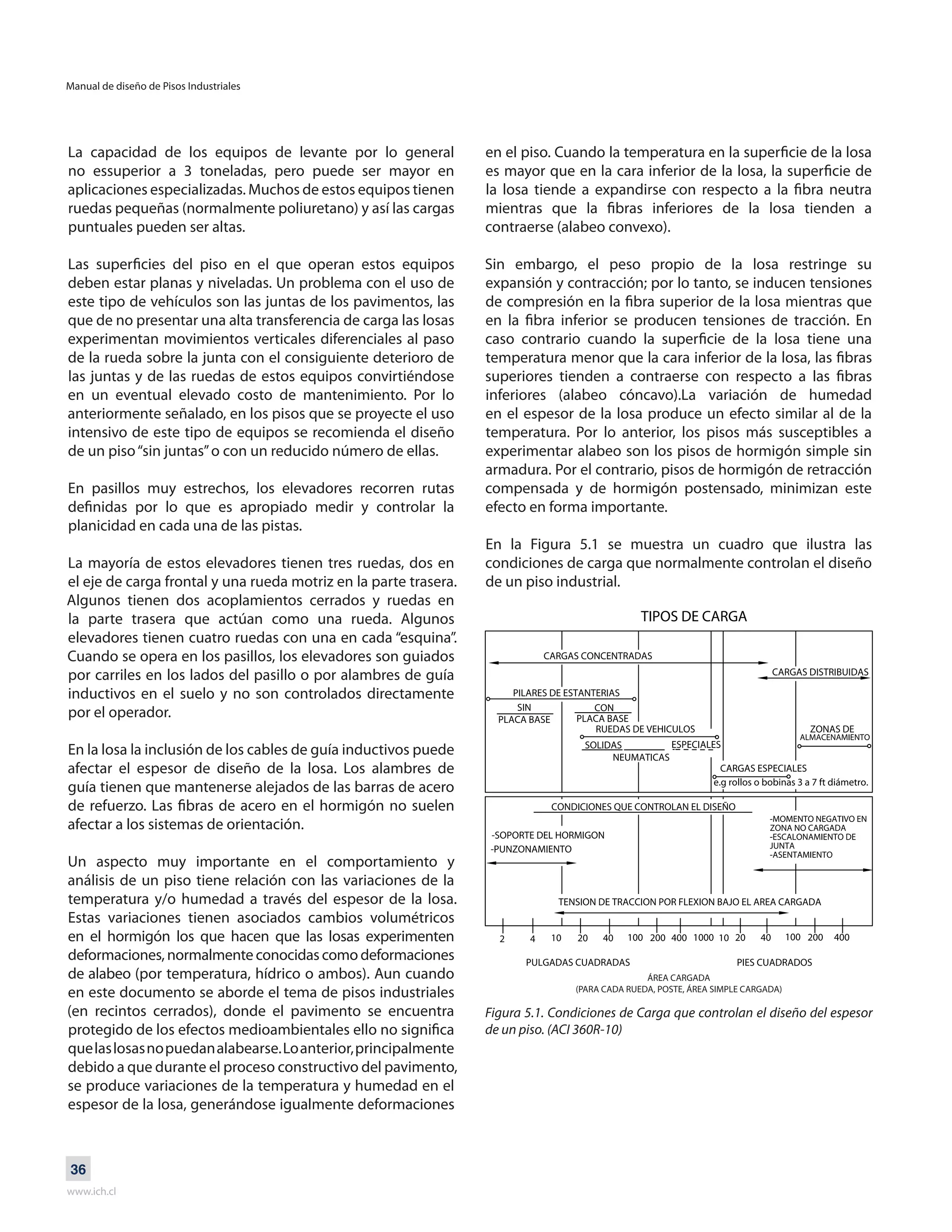 Manual de diseño de Pisos Industriales
www.ich.cl
36
La capacidad de los equipos de levante por lo general
no essuperior a 3 toneladas, pero puede ser mayor en
aplicaciones especializadas. Muchos de estos equipos tienen
ruedas pequeñas (normalmente poliuretano) y así las cargas
puntuales pueden ser altas.
Las superficies del piso en el que operan estos equipos
deben estar planas y niveladas. Un problema con el uso de
este tipo de vehículos son las juntas de los pavimentos, las
que de no presentar una alta transferencia de carga las losas
experimentan movimientos verticales diferenciales al paso
de la rueda sobre la junta con el consiguiente deterioro de
las juntas y de las ruedas de estos equipos convirtiéndose
en un eventual elevado costo de mantenimiento. Por lo
anteriormente señalado, en los pisos que se proyecte el uso
intensivo de este tipo de equipos se recomienda el diseño
de un piso“sin juntas”o con un reducido número de ellas.
En pasillos muy estrechos, los elevadores recorren rutas
definidas por lo que es apropiado medir y controlar la
planicidad en cada una de las pistas.
La mayoría de estos elevadores tienen tres ruedas, dos en
el eje de carga frontal y una rueda motriz en la parte trasera.
Algunos tienen dos acoplamientos cerrados y ruedas en
la parte trasera que actúan como una rueda. Algunos
elevadores tienen cuatro ruedas con una en cada “esquina”.
Cuando se opera en los pasillos, los elevadores son guiados
por carriles en los lados del pasillo o por alambres de guía
inductivos en el suelo y no son controlados directamente
por el operador.
En la losa la inclusión de los cables de guía inductivos puede
afectar el espesor de diseño de la losa. Los alambres de
guía tienen que mantenerse alejados de las barras de acero
de refuerzo. Las fibras de acero en el hormigón no suelen
afectar a los sistemas de orientación.
Un aspecto muy importante en el comportamiento y
análisis de un piso tiene relación con las variaciones de la
temperatura y/o humedad a través del espesor de la losa.
Estas variaciones tienen asociados cambios volumétricos
en el hormigón los que hacen que las losas experimenten
deformaciones, normalmente conocidas como deformaciones
de alabeo (por temperatura, hídrico o ambos). Aun cuando
en este documento se aborde el tema de pisos industriales
(en recintos cerrados), donde el pavimento se encuentra
protegido de los efectos medioambientales ello no significa
quelaslosasnopuedanalabearse.Loanterior,principalmente
debido a que durante el proceso constructivo del pavimento,
se produce variaciones de la temperatura y humedad en el
espesor de la losa, generándose igualmente deformaciones
en el piso. Cuando la temperatura en la superficie de la losa
es mayor que en la cara inferior de la losa, la superficie de
la losa tiende a expandirse con respecto a la fibra neutra
mientras que la fibras inferiores de la losa tienden a
contraerse (alabeo convexo).
Sin embargo, el peso propio de la losa restringe su
expansión y contracción; por lo tanto, se inducen tensiones
de compresión en la fibra superior de la losa mientras que
en la fibra inferior se producen tensiones de tracción. En
caso contrario cuando la superficie de la losa tiene una
temperatura menor que la cara inferior de la losa, las fibras
superiores tienden a contraerse con respecto a las fibras
inferiores (alabeo cóncavo).La variación de humedad
en el espesor de la losa produce un efecto similar al de la
temperatura. Por lo anterior, los pisos más susceptibles a
experimentar alabeo son los pisos de hormigón simple sin
armadura. Por el contrario, pisos de hormigón de retracción
compensada y de hormigón postensado, minimizan este
efecto en forma importante.
En la Figura 5.1 se muestra un cuadro que ilustra las
condiciones de carga que normalmente controlan el diseño
de un piso industrial.
Figura 5.1. Condiciones de Carga que controlan el diseño del espesor
de un piso. (ACI 360R-10)
ÁREA CARGADA
(PARA CADA RUEDA, POSTE, ÁREA SIMPLE CARGADA)
 