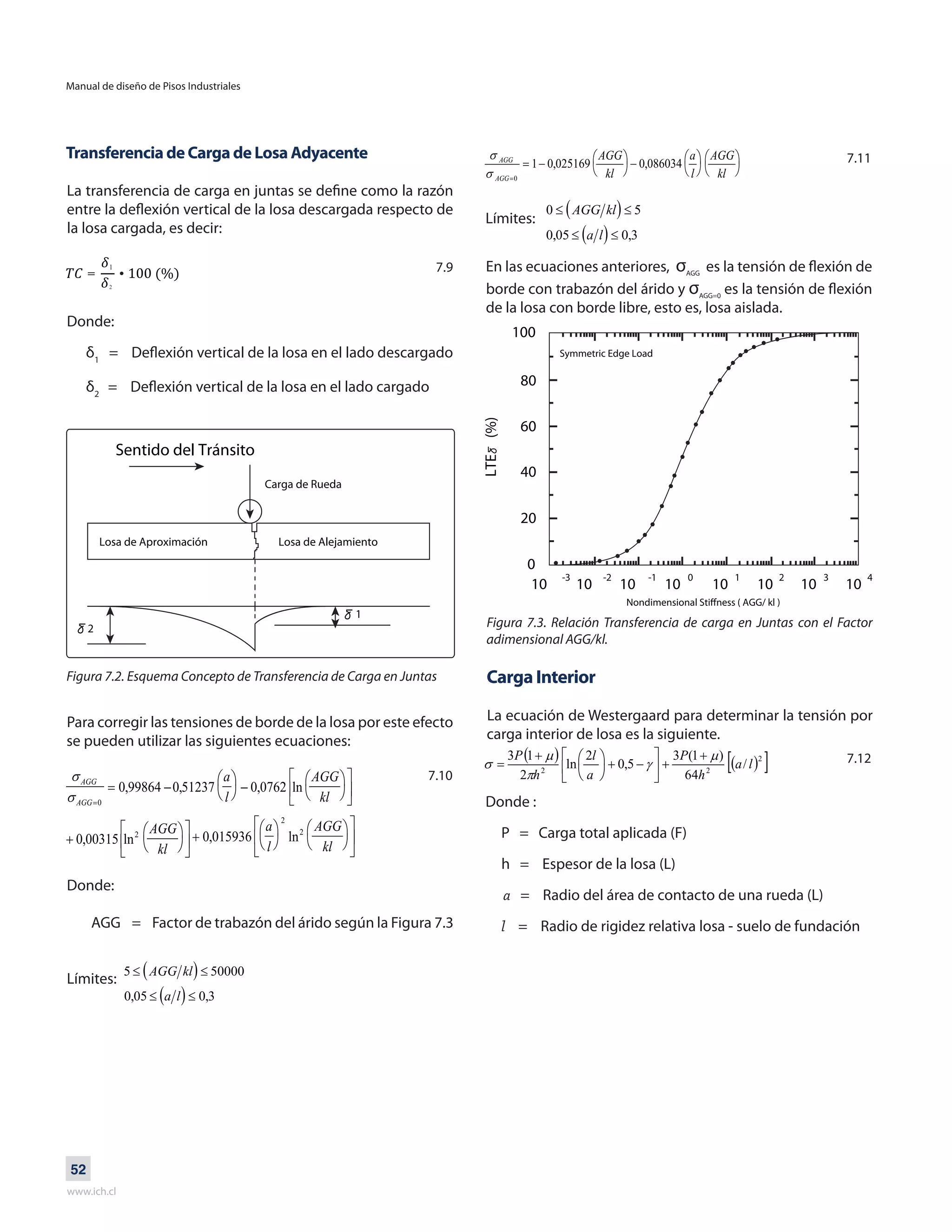 Manual de diseño de Pisos Industriales
www.ich.cl
52
Transferencia de Carga de Losa Adyacente
La transferencia de carga en juntas se define como la razón
entre la deflexión vertical de la losa descargada respecto de
la losa cargada, es decir:
Donde:
δ1
= Deflexión vertical de la losa en el lado descargado
δ2
= Deflexión vertical de la losa en el lado cargado
Donde:
AGG = Factor de trabazón del árido según la Figura 7.3
Límites:
Límites:
7.9
Figura 7.2. Esquema Concepto de Transferencia de Carga en Juntas
Para corregir las tensiones de borde de la losa por este efecto
se pueden utilizar las siguientes ecuaciones:
7.10
7.11
En las ecuaciones anteriores, σAGG
es la tensión de flexión de
borde con trabazón del árido y σAGG=0
es la tensión de flexión
de la losa con borde libre, esto es, losa aislada.
Figura 7.3. Relación Transferencia de carga en Juntas con el Factor
adimensional AGG/kl.
Carga Interior
La ecuación de Westergaard para determinar la tensión por
carga interior de losa es la siguiente.
Donde :
P = Carga total aplicada (F)
h = Espesor de la losa (L)
a = Radio del área de contacto de una rueda (L)
l = Radio de rigidez relativa losa - suelo de fundación
7.12
 