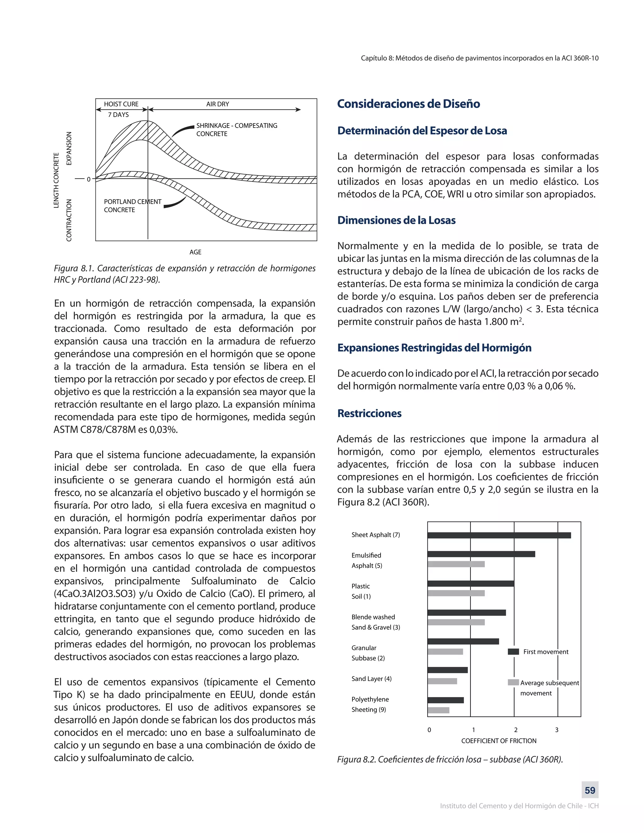 59
Instituto del Cemento y del Hormigón de Chile - ICH
Figura 8.1. Características de expansión y retracción de hormigones
HRC y Portland (ACI 223-98).
En un hormigón de retracción compensada, la expansión
del hormigón es restringida por la armadura, la que es
traccionada. Como resultado de esta deformación por
expansión causa una tracción en la armadura de refuerzo
generándose una compresión en el hormigón que se opone
a la tracción de la armadura. Esta tensión se libera en el
tiempo por la retracción por secado y por efectos de creep. El
objetivo es que la restricción a la expansión sea mayor que la
retracción resultante en el largo plazo. La expansión mínima
recomendada para este tipo de hormigones, medida según
ASTM C878/C878M es 0,03%.
Para que el sistema funcione adecuadamente, la expansión
inicial debe ser controlada. En caso de que ella fuera
insuficiente o se generara cuando el hormigón está aún
fresco, no se alcanzaría el objetivo buscado y el hormigón se
fisuraría. Por otro lado, si ella fuera excesiva en magnitud o
en duración, el hormigón podría experimentar daños por
expansión. Para lograr esa expansión controlada existen hoy
dos alternativas: usar cementos expansivos o usar aditivos
expansores. En ambos casos lo que se hace es incorporar
en el hormigón una cantidad controlada de compuestos
expansivos, principalmente Sulfoaluminato de Calcio
(4CaO.3Al2O3.SO3) y/u Oxido de Calcio (CaO). El primero, al
hidratarse conjuntamente con el cemento portland, produce
ettringita, en tanto que el segundo produce hidróxido de
calcio, generando expansiones que, como suceden en las
primeras edades del hormigón, no provocan los problemas
destructivos asociados con estas reacciones a largo plazo.
El uso de cementos expansivos (típicamente el Cemento
Tipo K) se ha dado principalmente en EEUU, donde están
sus únicos productores. El uso de aditivos expansores se
desarrolló en Japón donde se fabrican los dos productos más
conocidos en el mercado: uno en base a sulfoaluminato de
calcio y un segundo en base a una combinación de óxido de
calcio y sulfoaluminato de calcio.
Consideraciones de Diseño
Determinación del Espesor de Losa
La determinación del espesor para losas conformadas
con hormigón de retracción compensada es similar a los
utilizados en losas apoyadas en un medio elástico. Los
métodos de la PCA, COE, WRI u otro similar son apropiados.
Dimensiones de la Losas
	
Normalmente y en la medida de lo posible, se trata de
ubicar las juntas en la misma dirección de las columnas de la
estructura y debajo de la línea de ubicación de los racks de
estanterías. De esta forma se minimiza la condición de carga
de borde y/o esquina. Los paños deben ser de preferencia
cuadrados con razones L/W (largo/ancho) < 3. Esta técnica
permite construir paños de hasta 1.800 m2
.
Expansiones Restringidas del Hormigón
DeacuerdoconloindicadoporelACI,laretracciónporsecado
del hormigón normalmente varía entre 0,03 % a 0,06 %.
Restricciones
Además de las restricciones que impone la armadura al
hormigón, como por ejemplo, elementos estructurales
adyacentes, fricción de losa con la subbase inducen
compresiones en el hormigón. Los coeficientes de fricción
con la subbase varían entre 0,5 y 2,0 según se ilustra en la
Figura 8.2 (ACI 360R).
Figura 8.2. Coeficientes de fricción losa – subbase (ACI 360R).
Capítulo 8: Métodos de diseño de pavimentos incorporados en la ACI 360R-10
 