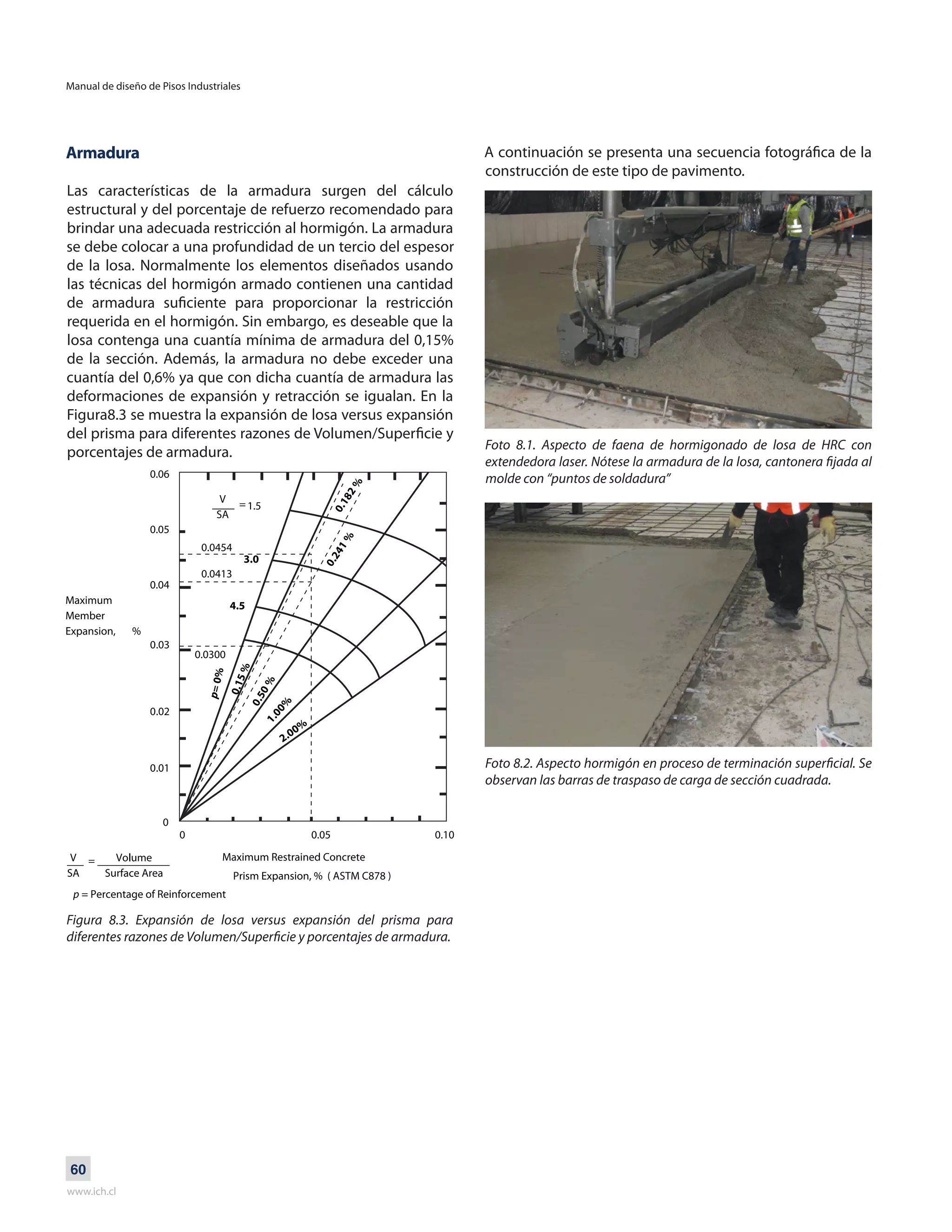 Manual de diseño de Pisos Industriales
www.ich.cl
60
Armadura
Las características de la armadura surgen del cálculo
estructural y del porcentaje de refuerzo recomendado para
brindar una adecuada restricción al hormigón. La armadura
se debe colocar a una profundidad de un tercio del espesor
de la losa. Normalmente los elementos diseñados usando
las técnicas del hormigón armado contienen una cantidad
de armadura suficiente para proporcionar la restricción
requerida en el hormigón. Sin embargo, es deseable que la
losa contenga una cuantía mínima de armadura del 0,15%
de la sección. Además, la armadura no debe exceder una
cuantía del 0,6% ya que con dicha cuantía de armadura las
deformaciones de expansión y retracción se igualan. En la
Figura8.3 se muestra la expansión de losa versus expansión
del prisma para diferentes razones de Volumen/Superficie y
porcentajes de armadura.
Figura 8.3. Expansión de losa versus expansión del prisma para
diferentes razones de Volumen/Superficie y porcentajes de armadura.
A continuación se presenta una secuencia fotográfica de la
construcción de este tipo de pavimento.
Foto 8.1. Aspecto de faena de hormigonado de losa de HRC con
extendedora laser. Nótese la armadura de la losa, cantonera fijada al
molde con “puntos de soldadura”
Foto 8.2. Aspecto hormigón en proceso de terminación superficial. Se
observan las barras de traspaso de carga de sección cuadrada.
 