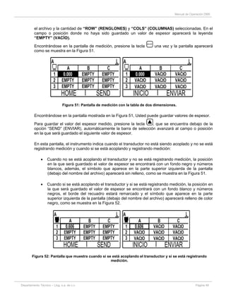 Manual de Operación DM5
Departamento Técnico – Llog, s.a. de c.v. Página 49
el archivo y la cantidad de “ROW” (RENGLONES) y “COLS” (COLUMNAS) seleccionadas. En el
campo o posición donde no haya sido guardado un valor de espesor aparecerá la leyenda
“EMPTY” (VACÍO).
Encontrándose en la pantalla de medición, presione la tecla una vez y la pantalla aparecerá
como se muestra en la Figura 51.
Figura 51: Pantalla de medición con la tabla de dos dimensiones.
Encontrándose en la pantalla mostrada en la Figura 51, Usted puede guardar valores de espesor.
Para guardar el valor del espesor medido, presione la tecla , que se encuentra debajo de la
opción “SEND” (ENVIAR), automáticamente la barra de selección avanzará al campo o posición
en la que será guardado el siguiente valor de espesor.
En esta pantalla, el instrumento indica cuando el transductor no está siendo acoplado y no se está
registrando medición y cuando si se está acoplando y registrando medición:
Cuando no se está acoplando el transductor y no se está registrando medición, la posición
en la que será guardado el valor de espesor se encontrará con un fondo negro y números
blancos, además, el símbolo que aparece en la parte superior izquierda de la pantalla
(debajo del nombre del archivo) aparecerá sin relleno, como se muestra en la Figura 51.
Cuando si se está acoplando el transductor y si se está registrando medición, la posición en
la que será guardado el valor de espesor se encontrará con un fondo blanco y números
negros, el borde del recuadro estará remarcado y el símbolo que aparece en la parte
superior izquierda de la pantalla (debajo del nombre del archivo) aparecerá relleno de color
negro, como se muestra en la Figura 52.
Figura 52: Pantalla que muestra cuando si se está acoplando el transductor y si se está registrando
medición.
 