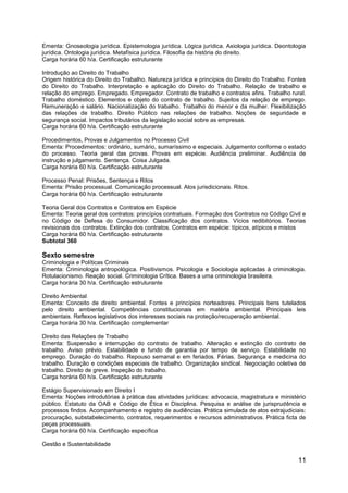 11
Ementa: Gnoseologia jurídica. Epistemologia jurídica. Lógica jurídica. Axiologia jurídica. Deontologia
jurídica. Ontologia jurídica. Metafísica jurídica. Filosofia da história do direito.
Carga horária 60 h/a. Certificação estruturante
Introdução ao Direito do Trabalho
Origem histórica do Direito do Trabalho. Natureza jurídica e princípios do Direito do Trabalho. Fontes
do Direito do Trabalho. Interpretação e aplicação do Direito do Trabalho. Relação de trabalho e
relação do emprego. Empregado. Empregador. Contrato de trabalho e contratos afins. Trabalho rural.
Trabalho doméstico. Elementos e objeto do contrato de trabalho. Sujeitos da relação de emprego.
Remuneração e salário. Nacionalização do trabalho. Trabalho do menor e da mulher. Flexibilização
das relações de trabalho. Direito Público nas relações de trabalho. Noções de seguridade e
segurança social. Impactos tributários da legislação social sobre as empresas.
Carga horária 60 h/a. Certificação estruturante
Procedimentos, Provas e Julgamentos no Processo Civil
Ementa: Procedimentos: ordinário, sumário, sumaríssimo e especiais. Julgamento conforme o estado
do processo. Teoria geral das provas. Provas em espécie. Audiência preliminar. Audiência de
instrução e julgamento. Sentença. Coisa Julgada.
Carga horária 60 h/a. Certificação estruturante
Processo Penal: Prisões, Sentença e Ritos
Ementa: Prisão processual. Comunicação processual. Atos jurisdicionais. Ritos.
Carga horária 60 h/a. Certificação estruturante
Teoria Geral dos Contratos e Contratos em Espécie
Ementa: Teoria geral dos contratos: princípios contratuais. Formação dos Contratos no Código Civil e
no Código de Defesa do Consumidor. Classificação dos contratos. Vícios redibitórios. Teorias
revisionais dos contratos. Extinção dos contratos. Contratos em espécie: típicos, atípicos e mistos
Carga horária 60 h/a. Certificação estruturante
Subtotal 360
Sexto semestre
Criminologia e Políticas Criminais
Ementa: Criminologia antropológica. Positivismos. Psicologia e Sociologia aplicadas à criminologia.
Rotulacionismo. Reação social. Criminologia Crítica. Bases a uma criminologia brasileira.
Carga horária 30 h/a. Certificação estruturante
Direito Ambiental
Ementa: Conceito de direito ambiental. Fontes e princípios norteadores. Principais bens tutelados
pelo direito ambiental. Competências constitucionais em matéria ambiental. Principais leis
ambientais. Reflexos legislativos dos interesses sociais na proteção/recuperação ambiental.
Carga horária 30 h/a. Certificação complementar
Direito das Relações de Trabalho
Ementa: Suspensão e interrupção do contrato de trabalho. Alteração e extinção do contrato de
trabalho. Aviso prévio. Estabilidade e fundo de garantia por tempo de serviço. Estabilidade no
emprego. Duração do trabalho. Repouso semanal e em feriados. Férias. Segurança e medicina do
trabalho. Duração e condições especiais de trabalho. Organização sindical. Negociação coletiva de
trabalho. Direito de greve. Inspeção do trabalho.
Carga horária 60 h/a. Certificação estruturante
Estágio Supervisionado em Direito I
Ementa: Noções introdutórias à prática das atividades jurídicas: advocacia, magistratura e ministério
público. Estatuto da OAB e Código de Ética e Disciplina. Pesquisa e análise de jurisprudência e
processos findos. Acompanhamento e registro de audiências. Prática simulada de atos extrajudiciais:
procuração, substabelecimento, contratos, requerimentos e recursos administrativos. Prática ficta de
peças processuais.
Carga horária 60 h/a. Certificação específica
Gestão e Sustentabilidade
 