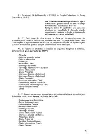 30
2.1. Consta art. 29 da Resolução n. 01/2012, do Projeto Pedagógico do Curso
(currículo de 2013/1):
Art. 29. O curso de Direito segue orientação legal e
institucional e poderá ofertar até 20% da carga
horária total na modalidade à distância.
Parágrafo único: Os acadêmicos que cursarem
atividades na modalidade à distância estarão
submetidos às regras de avaliação praticadas pela
universidade na referida modalidade.
Art. 3º. Esta resolução visa impedir a oferta de disciplinas/unidades de
aprendizagem à distância distintas das estabelecidas pela Congregação de Curso, bem
como impedir o aproveitamento de estudos de disciplinas/unidades de aprendizagem
cursadas à distância e que não estejam contempladas nesta Resolução.
Art. 4º. Podem ser ofertadas e cursadas as seguintes disciplinas à distância,
pertencentes à grade curricular de 2007/1:
- Filosofia
- Leitura e produção textual
- Ciência e Pesquisa
- Sociologia
- Filosofia do Direito
- Sociologia do Direito
- Psicologia nas Instituições Jurídicas
- Direito Internacional
- Direito Ambiental
- Interesses Difusos e Coletivos I
- Interesses Difusos e Coletivos II
- Direito Financeiro
- Economia aplicável ao Direito
- Documentos Médico-Judiciários
- Causalidade Médico-Legal do Dano
- Psicopatologia Forense
- Libras
Art. 5º. Podem ser ofertadas e cursadas as seguintes unidades de aprendizagem
à distância, pertencentes à grade curricular de 2013/1:
- Socioeconomia e Geopolítica
- Teoria do Conhecimento
- Universidade e Ciência
- Estudos Socioculturais
- Sociologia Jurídica
- Psicologia Jurídica
- Direito Internacional Público
- Interesses Difusos e Coletivos
- Filosofia do Direito
- Direito Ambiental
- Gestão e Sustentabilidade
- Direito Internacional Privado
- Direito Eleitoral
 