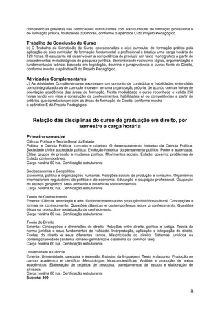 8
competências previstas nas certificações estruturantes com eixo curricular de formação profissional e
de formação prática, totalizando 300 horas, conforme o apêndice C do Projeto Pedagógico.
Trabalho de Conclusão de Curso
b) O Trabalho de Conclusão de Curso operacionaliza o eixo curricular de formação prática pela
aplicação do eixo curricular de formação fundamental e profissional e totaliza uma carga horária de
120 horas. O estudante irá desenvolver a competência de produzir um texto monográfico a partir de
procedimentos metodológicos de pesquisa jurídica, demonstrando raciocínio lógico, argumentação e
fundamentação teórica, baseada em legislação, doutrina e jurisprudência e outras fonte do Direito,
conforme mostra o apêndice D do Projeto Pedagógico.
Atividades Complementares
c) As Atividades Complementares expressam um conjunto de conteúdos e habilidades entendidas
como integralizadoras de currículo e devem ter uma organização própria, de acordo com as linhas de
orientação acadêmica das áreas de formação. Nesta modalidade o curso reconhece e valida 250
horas tendo em vista à construção de conhecimentos, habilidades e/ ou competências a partir de
critérios que correlacionam com as áreas de formação do Direito, conforme mostra
o apêndice E do Projeto Pedagógico.
Relação das disciplinas do curso de graduação em direito, por
semestre e carga horária
Primeiro semestre
Ciência Política e Teoria Geral do Estado
Política e Ciência Política: conceito e objetivo. O desenvolvimento histórico da Ciência Política.
Sociedade civil e sociedade política. Evolução histórica do pensamento político. Poder e autoridade.
Elites, grupos de pressão e mudança política. Movimentos sociais. Estado; governo; problemas do
Estado contemporâneo.
Carga horária 60 h/a. Certificação estruturante
Socioeconomia e Geopolítica
Economia, política e organizações humanas. Relações sociais de produção e consumo. Organismos
internacionais reguladores da política e da economia. Educação e ocupação profissional. Ocupação
do espaço geográfico. Meio ambiente e dinâmicas socioambientais.
Carga horária 60 h/a. Certificação estruturante
Teoria do Conhecimento
Ementa: Ciência, tecnologia e arte. O conhecimento como produção histórico-cultural. Concepções e
formas de conhecimento. Questões clássicas e contemporâneas sobre o conhecimento. Questões
éticas na produção e socialização de conhecimento.
Carga horária 60 h/a. Certificação estruturante
Teoria do Direito
Ementa: Concepções e dimensões do direito. Relações entre direito, política e justiça. Teoria da
norma jurídica e seus fundamentos de validade. Interpretação, aplicação e integração do direito.
Fontes do direito e seus diferentes ramos. Historicidade do direito. Sistemas jurídicos na
contemporaneidade (sistema romano-germânico e o sistema da common law).
Carga horária 60 h/a. Certificação estruturante
Universidade e Ciência
Ementa: Universidade, pesquisa e extensão. Estudos da linguagem. Texto e discurso. Produção no
campo acadêmico e científico. Metodologias técnico-científicas. Análise e produção de textos
acadêmicos. Elaboração de projetos de pesquisa, planejamentos de estudo e elaboração de
sínteses.
Carga horária 60 h/a. Certificação estruturante
Subtotal 300
 