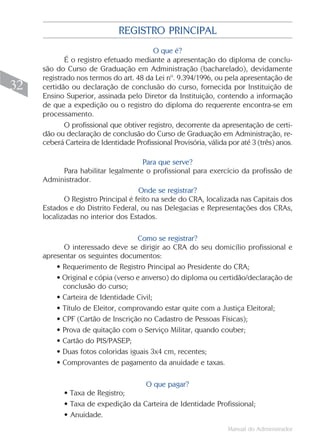 REGISTRO PRINCIPAL
                                         O que é?
            É o registro efetuado mediante a apresentação do diploma de conclu-
     são do Curso de Graduação em Administração (bacharelado), devidamente
     registrado nos termos do art. 48 da Lei nº. 9.394/1996, ou pela apresentação de
32   certidão ou declaração de conclusão do curso, fornecida por Instituição de
     Ensino Superior, assinada pelo Diretor da Instituição, contendo a informação
     de que a expedição ou o registro do diploma do requerente encontra-se em
     processamento.
            O profissional que obtiver registro, decorrente da apresentação de certi-
     dão ou declaração de conclusão do Curso de Graduação em Administração, re-
     ceberá Carteira de Identidade Profissional Provisória, válida por até 3 (três) anos.

                                      Para que serve?
            Para habilitar legalmente o profissional para exercício da profissão de
     Administrador.
                                    Onde se registrar?
            O Registro Principal é feito na sede do CRA, localizada nas Capitais dos
     Estados e do Distrito Federal, ou nas Delegacias e Representações dos CRAs,
     localizadas no interior dos Estados.

                                   Como se registrar?
           O interessado deve se dirigir ao CRA do seu domicílio profissional e
     apresentar os seguintes documentos:
         • Requerimento de Registro Principal ao Presidente do CRA;
         • Original e cópia (verso e anverso) do diploma ou certidão/declaração de
           conclusão do curso;
         • Carteira de Identidade Civil;
         • Título de Eleitor, comprovando estar quite com a Justiça Eleitoral;
         • CPF (Cartão de Inscrição no Cadastro de Pessoas Físicas);
         • Prova de quitação com o Serviço Militar, quando couber;
         • Cartão do PIS/PASEP;
         • Duas fotos coloridas iguais 3x4 cm, recentes;
         • Comprovantes de pagamento da anuidade e taxas.

                                    O que pagar?
            • Taxa de Registro;
            • Taxa de expedição da Carteira de Identidade Profissional;
            • Anuidade.
                                                                   Manual do Administrador
 