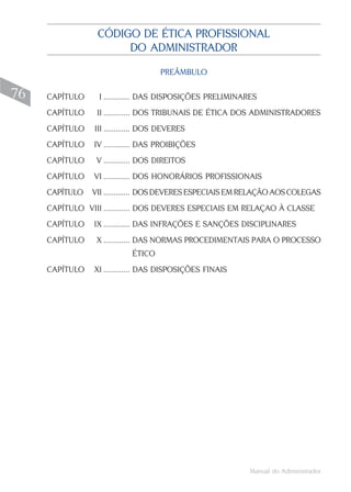 CÓDIGO DE ÉTICA PROFISSIONAL
                       DO ADMINISTRADOR

                                      PREÂMBULO

76   CAPÍTULO     I ............. DAS DISPOSIÇÕES PRELIMINARES
     CAPÍTULO    II ............. DOS TRIBUNAIS DE ÉTICA DOS ADMINISTRADORES
     CAPÍTULO    III ............. DOS DEVERES
     CAPÍTULO    IV ............. DAS PROIBIÇÕES
     CAPÍTULO    V ............. DOS DIREITOS
     CAPÍTULO    VI ............. DOS HONORÁRIOS PROFISSIONAIS
     CAPÍTULO   VII ............. DOS DEVERES ESPECIAIS EM RELAÇÃO AOS COLEGAS
     CAPÍTULO VIII ............. DOS DEVERES ESPECIAIS EM RELAÇAO À CLASSE
     CAPÍTULO    IX ............. DAS INFRAÇÕES E SANÇÕES DISCIPLINARES
     CAPÍTULO    X ............. DAS NORMAS PROCEDIMENTAIS PARA O PROCESSO
                             ÉTICO
     CAPÍTULO    XI ............. DAS DISPOSIÇÕES FINAIS




                                                            Manual do Administrador
 