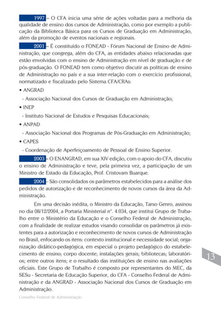 Conselho Federal de Administração
13
13
1997 – O CFA inicia uma série de ações voltadas para a melhoria da
qualidade de ensino dos cursos de Administração, como por exemplo a publi-
cação da Biblioteca Básica para os Cursos de Graduação em Administração,
além da promoção de eventos nacionais e regionais.
2001 – É constituído o FONEAD - Fórum Nacional de Ensino de Admi-
nistração, que congrega, além do CFA, as entidades abaixo relacionadas que
estão envolvidas com o ensino de Administração em nível de graduação e de
pós-graduação. O FONEAD tem como objetivo discutir as políticas de ensino
de Administração no país e a sua inter-relação com o exercício profissional,
normatizado e fiscalizado pelo Sistema CFA/CRAs:
• ANGRAD
- Associação Nacional dos Cursos de Graduação em Administração;
• INEP
- Instituto Nacional de Estudos e Pesquisas Educacionais;
• ANPAD
- Associação Nacional dos Programas de Pós-Graduação em Administração;
• CAPES
- Coordenação de Aperfeiçoamento de Pessoal de Ensino Superior.
2003 – O ENANGRAD, em sua XIV edição, com o apoio do CFA, discutiu
o ensino de Administração e teve, pela primeira vez, a participação de um
Ministro de Estado da Educação, Prof. Cristovam Buarque.
2004 – São consolidados os parâmetros estabelecidos para a análise dos
pedidos de autorização e de reconhecimento de novos cursos da área da Ad-
ministração.
Em uma decisão inédita, o Ministro da Educação, Tarso Genro, assinou
no dia 08/12/2004, a Portaria Ministerial nº. 4.034, que institui Grupo de Traba-
lho entre o Ministério da Educação e o Conselho Federal de Administração,
com a finalidade de realizar estudos visando consolidar os parâmetros já exis-
tentes para a autorização e reconhecimento de novos cursos de Administração
no Brasil, enfocando os itens: contexto institucional e necessidade social; orga-
nização didático-pedagógica, em especial o projeto pedagógico do estabele-
cimento de ensino; corpo docente; instalações gerais; bibliotecas; laboratóri-
os; entre outros itens; e o resultado das instituições de ensino nas avaliações
oficiais. Este Grupo de Trabalho é composto por representantes do MEC, da
SESu - Secretaria de Educação Superior, do CFA - Conselho Federal de Admi-
nistração e da ANGRAD - Associação Nacional dos Cursos de Graduação em
Administração.
 