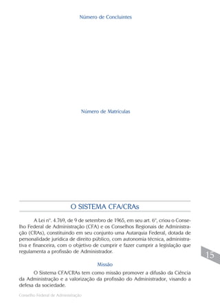 Conselho Federal de Administração
15
15
Número de Matrículas
A Lei nº. 4.769, de 9 de setembro de 1965, em seu art. 6º, criou o Conse-
lho Federal de Administração (CFA) e os Conselhos Regionais de Administra-
ção (CRAs), constituindo em seu conjunto uma Autarquia Federal, dotada de
personalidade jurídica de direito público, com autonomia técnica, administra-
tiva e financeira, com o objetivo de cumprir e fazer cumprir a legislação que
regulamenta a profissão de Administrador.
O SISTEMA CFA/CRAs
O Sistema CFA/CRAs tem como missão promover a difusão da Ciência
da Administração e a valorização da profissão do Administrador, visando a
defesa da sociedade.
Missão
Número de Concluintes
 