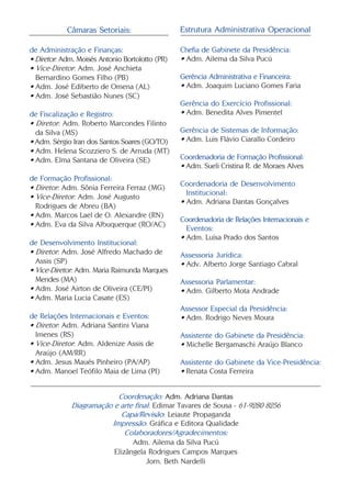 de Administração e Finanças:
• Diretor: Adm. Moisés Antonio Bortolotto (PR)
• Vice-Diretor: Adm. José Anchieta
Bernardino Gomes Filho (PB)
• Adm. José Ediberto de Omena (AL)
• Adm. José Sebastião Nunes (SC)
de Fiscalização e Registro:
• Diretor: Adm. Roberto Marcondes Filinto
da Silva (MS)
• Adm. Sérgio Iran dos Santos Soares (GO/TO)
• Adm. Helena Scozziero S. de Arruda (MT)
• Adm. Elma Santana de Oliveira (SE)
de Formação Profissional:
• Diretor: Adm. Sônia Ferreira Ferraz (MG)
• Vice-Diretor: Adm. José Augusto
Rodrigues de Abreu (BA)
• Adm. Marcos Lael de O. Alexandre (RN)
• Adm. Eva da Silva Albuquerque (RO/AC)
de Desenvolvimento Institucional:
• Diretor: Adm. José Alfredo Machado de
Assis (SP)
• Vice-Diretor: Adm. Maria Raimunda Marques
Mendes (MA)
• Adm. José Airton de Oliveira (CE/PI)
• Adm. Maria Lucia Casate (ES)
de Relações Internacionais e Eventos:
• Diretor: Adm. Adriana Santini Viana
Imenes (RS)
• Vice-Diretor: Adm. Aldenize Assis de
Araújo (AM/RR)
• Adm. Jesus Maués Pinheiro (PA/AP)
• Adm. Manoel Teófilo Maia de Lima (PI)
Coordenação: Adm. Adriana Dantas
Diagramação e arte final: Edimar Tavares de Sousa - 61-9280 8256
Capa/Revisão: Leiaute Propaganda
Impressão: Gráfica e Editora Qualidade
Colaboradores/Agradecimentos:
Adm. Ailema da Silva Pucú
Elizângela Rodrigues Campos Marques
Jorn. Beth Nardelli
Câmaras Setoriais: Estrutura Administrativa Operacional
Chefia de Gabinete da Presidência:
• Adm. Ailema da Silva Pucú
Gerência Administrativa e Financeira:
• Adm. Joaquim Luciano Gomes Faria
Gerência do Exercício Profissional:
• Adm. Benedita Alves Pimentel
Gerência de Sistemas de Informação:
• Adm. Luis Flávio Ciarallo Cordeiro
Coordenadoria de Formação Profissional:
• Adm. Sueli Cristina R. de Moraes Alves
Coordenadoria de Desenvolvimento
Institucional:
• Adm. Adriana Dantas Gonçalves
Coordenadoria de Relações Internacionais e
Eventos:
• Adm. Luísa Prado dos Santos
Assessoria Jurídica:
• Adv. Alberto Jorge Santiago Cabral
Assessoria Parlamentar:
• Adm. Gilberto Mota Andrade
Assessor Especial da Presidência:
• Adm. Rodrigo Neves Moura
Assistente do Gabinete da Presidência:
• Michelle Bergamaschi Araújo Blanco
Assistente do Gabinete da Vice-Presidência:
• Renata Costa Ferreira
 