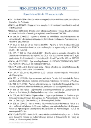 Conselho Federal de Administração
91
91
RESOLUÇÕES NORMATIVAS DO CFA
Disponíveis no Site do CFA www.cfa.org.br
• RN 183, de 02/08/96 - Dispõe sobre a competência do Administrador para efetuar
trabalhos de Auditoria.
• RN 224, de 12/08/99 - Dispõe sobre a atuação do Administrador em Perícia Judicial
e Extrajudicial.
• RN 235, de 22/05/2000 - Dispõe sobre a Responsabilidade Técnica do Administador
e outros Bacharéis e Tecnólogos registrados no Sistema CFA/CRAs.
• RN 241, de 20/09/2000 - Aprova o Manual de Identidade Visual da Profissão de
Administrador, disciplina a utilização do Símbolo da profissão do Administrador, e
dá outras providências.
• RN CFA nº. 253, de 30 de março de 2001 - Aprova o novo Código de Ética
Profissional do Administrador; com a alteração de alguns artigos pela RN/CFA
nº. 264, de 16/03/02.
• RN CFA nº. 254, de 19 de abril de 2001 - Dispõe sobre a aposição obrigatória da
assinatura e do número do registro, no CRA, nos documentos referentes à ação
profissional do Administrador; com a alteração do art 3º pela RN 270, de 19/09/02
• RN 261, de 13/12/2001 - Aprova o Regulamento do PRÊMIO “BELMIRO SIQUEIRA”
DE ADMINISTRAÇÃO, e dá outras providências.
• RN CFA nº. 264, de 6 de março de 2002 – Altera o Código de Ética Profissional do
Administrador, e dá outras providências
• RN CFA nº. 269, de 13 de junho de 2002 - Dispõe sobre o Registro Profissional
de Estrangeiro.
• RN 273, de 12/12/03 – Aprova o novo modelo de Carteira de Identidade Profissio-
nal dos Administradores e demais profissionais registrados no Sistema CFA/CRAs.
• RN 283, de 21/08/03 – Aprova o Regulamento de Registro Profissional de Pessoas
Físicas, Registros Cadastrais de Pessoas Júrídicas e dá outras providências.
• RN 300, de 10/01/2005 - Dispõe sobre o registro profissional de Coordenador de
Curso de Administração (Bacharelado), e dá outras providências.
• RN 301, de 10/01/2005 - Dispõe sobre o registro profissional de Professor que
leciona matérias técnicas dos campos da Administração e Organização nos cur-
sos de Graduação (Bacharelado), e dá outras providências.
• RN 304, de 06/04/05 - Cria o Acervo Técnico-Profissional de Pessoas Físicas e o
Acervo Técnico-Cadastral de Pessoas Jurídicas, por meio do Registro de Compro-
vação de Aptidão para Desempenho de Atividades de Administração - RCA e dá
outras providências.
• RN 323, de 22/12/05 - Institui a Honra ao Mérito em Administração, a ser conferida
pelo Conselho Federal de Administração, aprova o Regulamento de Honra ao
Mérito, e dá outras providências.
 