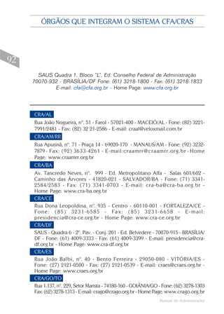 Manual do Administrador
92
CRA/AL
Rua João Nogueira, nº. 51 - Farol - 57021-400 - MACEIÓ/AL - Fone: (82) 3221-
7991/2481 - Fax: (82) 32 21-2586 - E-mail: craal@veloxmail.com.br
CRA/AM/RR
Rua Apurinã, nº. 71 - Praça 14 - 69020-170 - MANAUS/AM - Fone: (92) 3232-
7879 - Fax: (92) 3633-4261 - E-mail:craamrr@craamrr.org.br - Home
Page: www.craamrr.org.br
CRA/BA
Av. Tancredo Neves, nº. 999 - Ed. Metropolitano Alfa - Salas 601/602 -
Caminho das Árvores - 41820-021 - SALVADOR/BA - Fone: (71) 3341-
2584/2583 - Fax: (71) 3341-0703 - E-mail: cra-ba@cra-ba.org.br -
Home Page: www.cra-ba.org.br
CRA/CE
Rua Dona Leopoldina, nº. 935 - Centro - 60110-001 - FORTALEZA/CE -
Fone: (85) 3231-6585 - Fax: (85) 3231-6658 - E-mail:
presidencia@cra-ce.org.br - Home Page: www.cra-ce.org.br
CRA/DF
SAUS - Quadra 6 - 2º. Pav. - Conj. 201 - Ed. Belvedere - 70070-915 - BRASÍLIA/
DF - Fone: (61) 4009-3333 - Fax: (61) 4009-3399 - E-mail: presidencia@cra-
df.org.br - Home Page: www.cra-df.org.br
CRA/ES
Rua João Balbi, nº. 40 - Bento Ferreira - 29050-080 - VITÓRIA/ES -
Fone: (27) 2121-0500 - Fax: (27) 2121-0539 - E-mail: craes@craes.org.br -
Home Page: www.craes.org.br
CRA/GO/TO
Rua 1.137, nº. 229, Setor Marista - 74180-160 - GOIÂNIA/GO - Fone: (62) 3278-1303
Fax: (62) 3278-1313 - E-mail: crago@crago.org.br - Home Page: www.crago.org.br
ÓRGÃOS QUE INTEGRAM O SISTEMA CFA/CRAS
SAUS Quadra 1, Bloco “L”, Ed. Conselho Federal de Administração
70070-932 - BRASÍLIA/DF Fone: (61) 3218-1800 - Fax: (61) 3218-1833
E-mail: cfa@cfa.org.br - Home Page: www.cfa.org.br
 