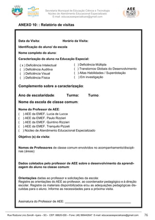 Secretaria Municipal de Educação Ciência e Tecnologia
Núcleo de Atendimento Educacional Especializado
E-mail: educacaoespecialicara@gmail.com
Rua Rodovia Lino Zanolli –Içara – SC– CEP: 88820-000 – Fone: (48) 999442647 E-mail: educacaoespecialicara@gmail.com 76
ANEXO 10: : Relatório de visitas
Data da Visita: Horário da Visita:
Identificação do aluno/ da escola
Nome completo do aluno:
Caracterização do aluno na Educação Especial:
( x ) Deficiência Intelectual
( ) Deficiência Auditiva
( ) Deficiência Visual
( ) Deficiência Física
( ) Deficiência Múltipla
( x) Transtornos Globais do Desenvolvimento
( ) Altas Habilidades / Superdotação
( x ) Em investigação
Complemento sobre a caracterização: Dificuldade acentuada na fala, o que
dificulta sua comunicação.
Ano de escolaridade: 4º Turma: B Turno: Matutino
Nome da escola de classe comum: EMEF. São Rafael
Nome do Professor de AEE: Maria Izabel Luiz
( ) AEE da EMEF. Lucia de Lucca
( ) AEE da EMEF. Paulo Rizzieri
( ) AEE da EMEF. Quintino Rizzieri
( ) AEE da EMEF. Tranquilo Pizzeti
( x ) Núcleo de Atendimento Educacional Especializado
Objetivo (s) da visita:
e as necessidades do aluno atendido pelo AEE em sala de aula
Nomes de Professores de classe comum envolvidos no acompanhamento/discipli-
nas (áreas):
Dados coletados pelo professor de AEE sobre o desenvolvimento da aprendi-
zagem do aluno na classe comum:
Orientações dadas ao professor e solicitações da escola:
Registre as orientações do AEE ao professor, ao coordenador pedagógico e à direção
escolar. Registre os materiais disponibilizados e/ou as adequações pedagógicas dis-
cutidas para o aluno. Informe as necessidades para a próxima visita.
Assinatura do Professor de AEE: ______________________________________
 
