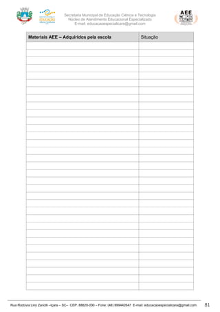 Secretaria Municipal de Educação Ciência e Tecnologia
Núcleo de Atendimento Educacional Especializado
E-mail: educacaoespecialicara@gmail.com
Rua Rodovia Lino Zanolli –Içara – SC– CEP: 88820-000 – Fone: (48) 999442647 E-mail: educacaoespecialicara@gmail.com 81
Materiais AEE – Adquiridos pela escola Situação
 