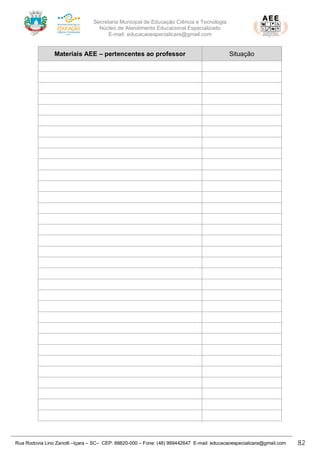 Secretaria Municipal de Educação Ciência e Tecnologia
Núcleo de Atendimento Educacional Especializado
E-mail: educacaoespecialicara@gmail.com
Rua Rodovia Lino Zanolli –Içara – SC– CEP: 88820-000 – Fone: (48) 999442647 E-mail: educacaoespecialicara@gmail.com 82
Materiais AEE – pertencentes ao professor Situação
 