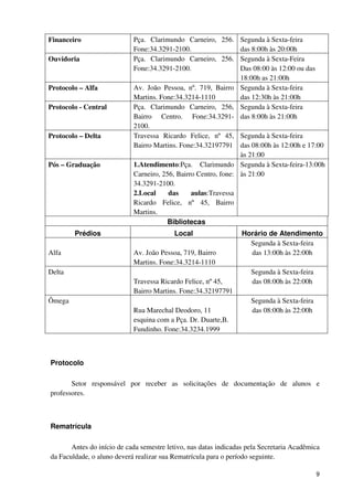 Financeiro                  Pça. Clarimundo Carneiro, 256. Segunda à Sexta-feira
                            Fone:34.3291-2100.                  das 8:00h às 20:00h
Ouvidoria                   Pça. Clarimundo Carneiro, 256. Segunda à Sexta-Feira
                            Fone:34.3291-2100.                  Das 08:00 às 12:00 ou das
                                                                18:00h as 21:00h
Protocolo – Alfa            Av. João Pessoa, nº. 719, Bairro Segunda à Sexta-feira
                            Martins. Fone:34.3214-1110          das 12:30h às 21:00h
Protocolo - Central         Pça. Clarimundo Carneiro, 256, Segunda à Sexta-feira
                            Bairro Centro. Fone:34.3291- das 8:00h às 21:00h
                            2100.
Protocolo – Delta           Travessa Ricardo Felice, nº 45, Segunda à Sexta-feira
                            Bairro Martins. Fone:34.32197791 das 08:00h às 12:00h e 17:00
                                                                às 21:00
Pós – Graduação             1.Atendimento:Pça. Clarimundo Segunda à Sexta-feira-13:00h
                            Carneiro, 256, Bairro Centro, fone: às 21:00
                            34.3291-2100.
                            2.Local     das     aulas:Travessa
                            Ricardo Felice, nº 45, Bairro
                            Martins.
                                        Bibliotecas
        Prédios                           Local                   Horário de Atendimento
                                                                    Segunda à Sexta-feira
Alfa                        Av. João Pessoa, 719, Bairro            das 13:00h às 22:00h
                            Martins. Fone:34.3214-1110
Delta                                                                Segunda à Sexta-feira
                            Travessa Ricardo Felice, nº 45,          das 08:00h às 22:00h
                            Bairro Martins. Fone:34.32197791
Ômega                                                                Segunda à Sexta-feira
                            Rua Marechal Deodoro, 11                 das 08:00h às 22:00h
                            esquina com a Pça. Dr. Duarte,B.
                            Fundinho. Fone:34.3234.1999



Protocolo

       Setor responsável por receber as solicitações de documentação de alunos e
professores.



Rematrícula

       Antes do início de cada semestre letivo, nas datas indicadas pela Secretaria Acadêmica
da Faculdade, o aluno deverá realizar sua Rematrícula para o período seguinte.

                                                                                             9
 
