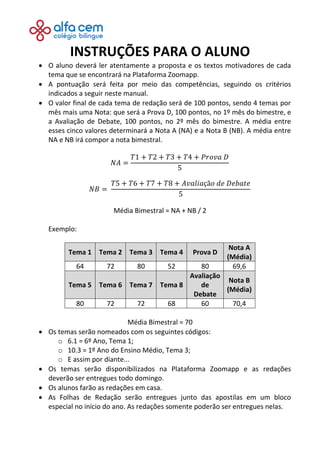 INSTRUÇÕES PARA O ALUNO
 O aluno deverá ler atentamente a proposta e os textos motivadores de cada
tema que se encontrará na Plataforma Zoomapp.
 A pontuação será feita por meio das competências, seguindo os critérios
indicados a seguir neste manual.
 O valor final de cada tema de redação será de 100 pontos, sendo 4 temas por
mês mais uma Nota: que será a Prova D, 100 pontos, no 1º mês do bimestre, e
a Avaliação de Debate, 100 pontos, no 2º mês do bimestre. A média entre
esses cinco valores determinará a Nota A (NA) e a Nota B (NB). A média entre
NA e NB irá compor a nota bimestral.
𝑁𝐴 =
𝑇1 + 𝑇2 + 𝑇3 + 𝑇4 + 𝑃𝑟𝑜𝑣𝑎 𝐷
5
𝑁𝐵 =
𝑇5 + 𝑇6 + 𝑇7 + 𝑇8 + 𝐴𝑣𝑎𝑙𝑖𝑎çã𝑜 𝑑𝑒 𝐷𝑒𝑏𝑎𝑡𝑒
5
Média Bimestral = NA + NB / 2
Exemplo:
Tema 1 Tema 2 Tema 3 Tema 4 Prova D
Nota A
(Média)
64 72 80 52 80 69,6
Tema 5 Tema 6 Tema 7 Tema 8
Avaliação
de
Debate
Nota B
(Média)
80 72 72 68 60 70,4
Média Bimestral = 70
 Os temas serão nomeados com os seguintes códigos:
o 6.1 = 6º Ano, Tema 1;
o 10.3 = 1º Ano do Ensino Médio, Tema 3;
o E assim por diante...
 Os temas serão disponibilizados na Plataforma Zoomapp e as redações
deverão ser entregues todo domingo.
 Os alunos farão as redações em casa.
 As Folhas de Redação serão entregues junto das apostilas em um bloco
especial no início do ano. As redações somente poderão ser entregues nelas.
 