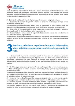 texto dissertativo argumentativo. Para isso é preciso demonstrar conhecimento sobre o tema
abordado, através de informações consistentes sobre o assunto. Outro detalhe que deve ser
observado são as situações que a proposta incita. Fugir de algum detalhe proposto incide em um
menor rendimento nessa competência.
0 – O aluno não estabelecelimites tipológicos e/ou nãodesenvolve relações temáticas.
I – Desenvolve de maneira tangencial o tema ou apresenta inadequação ao tipo textual
dissertativo-argumentativo.
II – Desenvolve de forma mediana o tema a partir de argumentos do senso comum, cópias dos
textos motivadores ou apresenta domínio precário do tipo textual dissertativo-argumentativo.
III – Desenvolve de forma adequada o tema, a partir de argumentação previsível e apresenta
domínio adequado do tipo textual dissertativo-argumentativo.
IV – Desenvolve bem o tema a partir de argumentação consistente e apresenta bom domínio do
tipo textual dissertativo-argumentativo.
V – Desenvolve muito bem o tema com argumentação consistente, além de apresentar excelente
domínio do tipo textual dissertativo-argumentativo, a partir de um repertório sociocultural
produtivo.
Selecionar, relacionar, organizar e interpretar informações,
fatos, opiniões e argumentos em defesa de um ponto de
vista.
Essa competência pretende avaliar a capacidade do aluno de reunir, relacionar e apresentar
os argumentos de maneira encadeada para defender a sua tese. Para isso é preciso organizar os
argumentos, utilizando-se de fatos, exemplos e opiniões para defender o ponto de vista
apresentado na redação de maneira coerente, ou seja, que seja admissível no contexto em que está
inserido.
0 – Não defende ponto de vista e apresenta informações, fatos, opiniões eargumentos incoerentes.
I – Não defende ponto de vista e apresenta informações, fatos, opiniões eargumentos pouco
relacionados ao tema.
II – Apresenta informações, fatos e opiniões, ainda que pertinentes ao tema proposto, com pouca
articulação e/ou com contradições, ou limita-se a reproduzir os argumentos constantes na proposta
de redação em defesa de seu ponto de vista.
III – Apresenta informações, fatos, opiniões e argumentos pertinentes ao tema proposto, porém
pouco organizados e relacionados de forma pouco consistente em defesa de seu ponto de vista.
IV – Seleciona, organiza e relaciona informações, fatos, opiniões e argumentos pertinentes ao tema
proposto de forma consistente, com indícios de autoria, em defesa de seu ponto de vista.
V – Seleciona, organiza e relaciona informações, fatos, opiniões e argumentos pertinentes ao tema
proposto de forma consistente, configurando autoria, em defesa de seu ponto de vista.
3
 