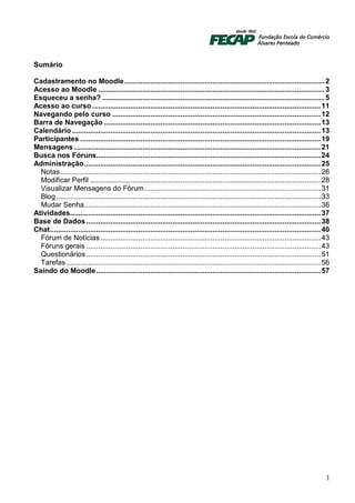 Sumário

Cadastramento no Moodle.................................................................................................... 2
Acesso ao Moodle ................................................................................................................. 3
Esqueceu a senha? ............................................................................................................... 5
Acesso ao curso .................................................................................................................. 11
Navegando pelo curso ........................................................................................................ 12
Barra de Navegação ............................................................................................................ 13
Calendário ............................................................................................................................ 13
Participantes ........................................................................................................................ 19
Mensagens ........................................................................................................................... 21
Busca nos Fóruns................................................................................................................ 24
Administração...................................................................................................................... 25
  Notas.................................................................................................................................. 26
  Modificar Perfil ................................................................................................................... 28
  Visualizar Mensagens do Fórum........................................................................................ 31
  Blog .................................................................................................................................... 33
  Mudar Senha...................................................................................................................... 36
Atividades............................................................................................................................. 37
Base de Dados ..................................................................................................................... 38
Chat....................................................................................................................................... 40
  Fórum de Notícias .............................................................................................................. 43
  Fóruns gerais ..................................................................................................................... 43
  Questionários ..................................................................................................................... 51
  Tarefas ............................................................................................................................... 56
Saindo do Moodle ................................................................................................................ 57




                                                                                                                                            1
 