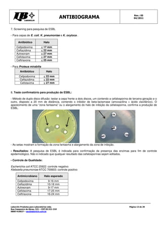 Rev.: 05
                                               ANTIBIOGRAMA                                          04/2011




7. Screening para pesquisa de ESBL

- Para cepas de E. coli, K. pneumoniae e K. oxytoca .

       Antibiótico             Halo
     Cefpodoxima             [ 17 mm
     Ceftazidima             [ 22 mm
     Aztreonam               [ 27 mm
     Cefotaxima              [ 27 mm
     Ceftriaxona             [ 25 mm

- Para Proteus mirabilis
        Antibiótico              Halo
       Cefpodoxima             [ 22 mm
       Ceftazidima             [ 22 mm
        Cefotaxima             [ 27 mm


8. Teste confirmatório para produção de ESBL:

- Método de duplo disco difusão: testar a cepa frente a dois discos, um contendo a cefalosporina de terceira geração e o
outro, disposto a 20 mm de distância, contendo o inibidor de beta-lactamase (amoxacilina + ácido clavilânico). O
aparecimento de uma “zona fantasma” ou o alargamento do halo de inibição da cefalosporina, confirma a produção de
ESBL.




- As setas mostram a formação da zona fantasma e alargamento da zona de inibição.

- Resultados: A pesquisa de ESBL é indicada para confirmação da presença das enzimas para fim de controle
epidemiológico. Não é indicado que qualquer resultado das cefalosporinas sejam editados.

- Controle de Qualidade:

Escherichia coli ATCC 25922: controle negativo
Klebsiella pneumoniae ATCC 700603: controle positivo

      Antimicrobiano           Halo esperado
      Cefpodoxima                  9-16 mm
      Ceftazidima                  10-18 mm
      Aztreonam                     9-17 mm
      Cefotaxima                   17-25 mm
      Ceftriaxona                  16-24 mm



Laborclin Produtos para Laboratórios Ltda.                                                       Página 13 de 29
Rua Cassemiro de Abreu, 521 – CEP 83.321-210
0800-410027 – sac@laborlcin.com.br
 