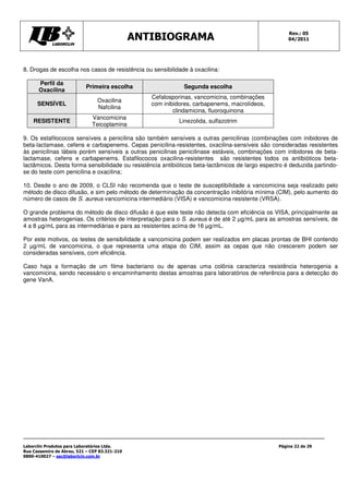 Rev.: 05
                                               ANTIBIOGRAMA                                          04/2011




8. Drogas de escolha nos casos de resistência ou sensibilidade à oxacilina:

      Perfil da
                           Primeira escolha                  Segunda escolha
      Oxacilina
                                                  Cefalosporinas, vancomicina, combinações
                                 Oxacilina
      SENSÍVEL                                    com inibidores, carbapenems, macrolídeos,
                                 Nafcilina
                                                          clindamicina, fluoroquinona
                              Vancomicina
    RESISTENTE                                              Linezolida, sulfazotrim
                              Teicoplamina

9. Os estafilococos sensíveis a penicilina são também sensíveis a outras penicilinas (combinações com inibidores de
beta-lactamase, cefens e carbapenems. Cepas penicilina-resistentes, oxacilina-sensíveis são consideradas resistentes
às penicilinas lábeis porém sensíveis a outras penicilinas penicilinase estáveis, combinações com inibidores de beta-
lactamase, cefens e carbapenems. Estafilococos oxacilina-resistentes são resistentes todos os antibióticos beta-
lactâmicos. Desta forma sensibilidade ou resistência antibióticos beta-lactâmicos de largo espectro é deduzida partindo-
se do teste com penicilina e oxacilina;

10. Desde o ano de 2009, o CLSI não recomenda que o teste de susceptibilidade a vancomicina seja realizado pelo
método de disco difusão, e sim pelo método de determinação da concentração inibitória mínima (CIM), pelo aumento do
número de casos de S. aureus vancomicina intermediário (VISA) e vancomicina resistente (VRSA).

O grande problema do método de disco difusão é que este teste não detecta com eficiência os VISA, principalmente as
amostras heterogenias. Os critérios de interpretação para o S. aureus é de até 2 µg/mL para as amostras sensíveis, de
4 a 8 µg/mL para as intermediárias e para as resistentes acima de 16 µg/mL.

Por este motivos, os testes de sensibilidade a vancomicina podem ser realizados em placas prontas de BHI contendo
2 µg/mL de vancomicina, o que representa uma etapa do CIM, assim as cepas que não crescerem podem ser
consideradas sensíveis, com eficiência.

Caso haja a formação de um filme bacteriano ou de apenas uma colônia caracteriza resistência heterogenia a
vancomicina, sendo necessário o encaminhamento destas amostras para laboratórios de referência para a detecção do
gene VanA.




Laborclin Produtos para Laboratórios Ltda.                                                       Página 22 de 29
Rua Cassemiro de Abreu, 521 – CEP 83.321-210
0800-410027 – sac@laborlcin.com.br
 