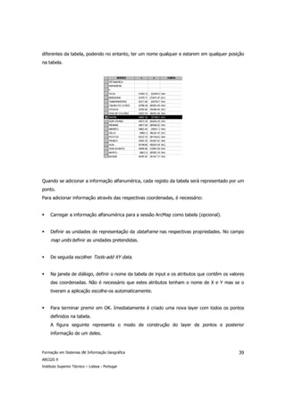 diferentes da tabela, podendo no entanto, ter um nome qualquer e estarem em qualquer posição
na tabela.




Quando se adicionar a informação alfanumérica, cada registo da tabela será representado por um
ponto.
Para adicionar informação através das respectivas coordenadas, é necessário:


     Carregar a informação alfanumérica para a sessão ArcMap como tabela (opcional).


     Definir as unidades de representação da dataframe nas respectivas propriedades. No campo
     map units definir as unidades pretendidas.


     De seguida escolher Tools-add XY data.


     Na janela de diálogo, definir o nome da tabela de input e os atributos que contêm os valores
     das coordenadas. Não é necessário que estes atributos tenham o nome de X e Y mas se o
     tiveram a aplicação escolhe-os automaticamente.


     Para terminar premir em OK. Imediatamente é criado uma nova layer com todos os pontos
     definidos na tabela.
     A figura seguinte representa o modo de construção do layer de pontos e posterior
     informação de um deles.



Formação em Sistemas de Informação Geográfica                                                 39
ARCGIS 9
Instituto Superior Técnico – Lisboa - Portugal
 