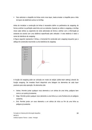 Para adicionar a shapefile de linhas como nova layer, basta arrastar a shapefile para a lista
     de layers da dataframe activa no ArcMap.


Antes de inicializar a construção de linhas é necessário definir os parâmetros de snapping, de
forma a alinhar na perfeição cada linha com as restantes. Quando se utiliza o snapping, o ArcMap
move cada vértice ou segmento de recta adicionado de forma a alinhar com a informação já
existente de acordo com uma distância especificada pelo utilizador. A esta distância é dado o
nome de tolerância de snapping.
A figura seguinte representa 3 linhas, a horizontal foi construída sem snapping enquanto que a
oblíqua foi construída recorrendo a uma tolerância de snapping.




A função de snapping pode ser activada em modo de edição (editor-start editing) através da
função snapping. De imediato ficará disponível uma listagem de elementos de cada layer
possíveis para esta operação. Os elementos são:


     Vertex. Permite juntar qualquer novo elemento a um vértice de uma linha, polígono bem
     como a um ponto já existente;
     Edge. Permite juntar qualquer novo elemento a uma linha ou a uma fronteira de um polígono
     existente;
     End. Permite juntar um novo elemento a um vértice de início ou fim de uma linha ou
     polígono já existente.




Formação em Sistemas de Informação Geográfica                                                  60
ARCGIS 9
Instituto Superior Técnico – Lisboa - Portugal
 