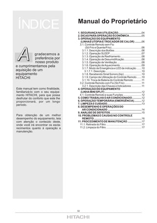 ÍNDICE                              Manual do Proprietário
                                     1. SEGURANÇA NA UTILIZAÇÃO................................04
                                     2. DICAS PARA OPERAÇÃO ECONÔMICA.................05
                                     3. OPERAÇÃO DO EQUIPAMENTO
                                        (LINHAS UTOPIA E TROCADOR DE CALOR) .........06
                                       3.1. Controle Remoto sem Fio
                                            (Só Frio e Quente/Frio).........................................06



A          gradecemos a
           preferência por
           nosso produto
e cumprimentamos pela
                                         3.1.1. Descrição dos Botões.....................................06
                                         3.1.2. Operação SLEEP ...........................................07
                                         3.1.3. Operação de Resfriamento.............................08
                                         3.1.4. Operação de Desumidificação........................08
                                         3.1.5. Operação de Ventilação .................................08
                                         3.1.6. Operação de Aquecimento .............................09
                                         3.1.7. Modo de Emergência e LED de indicação .......10
aquisição de um                            3.1.7.1. Descrição .................................................10
equipamento                              3.1.8. Recebendo Sinal Sonoro (bip) ........................10
HITACHI                                  3.1.9. Campo de Utilização do Controle Remoto.......10
                                         3.1.10. Troca de Bateria do Controle Remoto ...........11
                                       3.2. Controle Remoto com Fio (Só Frio) .......................11
                                         3.2.1. Descrição das Chaves e Indicadores ..............11
Este manual tem como finalidade,     4. OPERAÇÃO DO EQUIPAMENTO
familiarizá-lo com o seu equipa-        (LINHA MINI SPLIT) ..................................................12
mento HITACHI, para que possa          4.1. Controle Remoto e suas Funções .........................12
desfrutar do conforto que este lhe   5. COMO TRABALHA O AR CONDICIONADO.............12
proporcionará, por um longo          6. OPERAÇÃO TEMPORÁRIA (EMERGÊNCIA)..........12
período.                             7. LIMPEZA E CUIDADO...............................................13
                                     8. DESEMPENHO E OPERAÇÕES DO
                                         AR CONDICIONADO ..............................................14
                                     9. ANÁLISE DE DEFEITOS...........................................15
Para obtenção de um melhor           10. PROBLEMAS E CAUSAS NO CONTROLE
desempenho do equipamento, leia          REMOTO .................................................................16
com atenção o conteúdo deste,        11. PROCEDIMENTO DE MANUTENÇÃO ...................17
onde você irá encontrar os escla-      11.1. Retirada do Filtro ................................................17
recimentos quanto à operação e         11.2. Limpeza do Filtro ................................................17
manutenção.




                                     02
 
