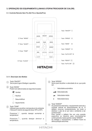 3. OPERAÇÃO DO EQUIPAMENTO (LINHAS UTOPIA/TROCADOR DE CALOR)

3.1. Controle Remoto Sem Fio (Só Frio e Quente/Frio)




                                                                                    Tecla "ON/OFF" 1



                                              MODE    ON/OFF    SPEED
                 2 Tecla "MODE"                                                     Tecla "SPEED"   4


                                              SLEEP   TEMP.         SEND
                7 Tecla "SLEEP"                                                     Tecla "SEND"    8

                                              HOUR              SWEEP
                                                                                    Tecla "SWEEP" 5
                 3 Tecla "TEMP"
                                              MIN.    AUTO ON   AUTO OFF

                                                                                    Tecla "AUTO OFF" 9

                                              CLOCK              RESET



               6 Tecla "CLOCK"                                                      Tecla "RESET" 11

                                                                                    Tecla "AUTO ON" 10




3.1.1. Descrição dos Botões


    Tecla “ON/OFF”                                              4     Tecla “SPEED”
1
    Serve para Ligar e Desligar o aparelho.                           Serve para escolher a velocidade do ar, que pode
                                                                      ser:
2   Tecla “MODE”
    Podem ser selecionadas as seguintes funções:                              Velocidade automática

            Ventilar                                                          Velocidade alta

            Resfriar                                                          Velocidade média

            Desumidificar                                                     Velocidade baixa

            Aquecimento
                                                                      Tecla “SWEEP”
                                                                5
    Tecla “TEMP”                                                      Ao pressionar esta tecla, o equipamento executa o
3                                                                     controle vertical do direcionamento de ar. O
    Utilizado para escolher a temperatura do ambiente
    (“Set point”) dentro da seguinte faixa 18ºC a 30ºC.               defletor move-se constantemente, de modo a
                                                                      distribuir o jato de ar por todo o ambiente a ser
    Pressione    , quando desejar aumentar a                          condicionado.
    temperatura.                                                      Para manter o defletor fixo em uma posição
                                                                      especifica ou liberá-lo para movimentar-se
    Pressione    , quando desejar diminuir a                          continuamente, basta apertar a tecla “SWEEP”.
    temperatura.                                                      Ao desligar o equipamento, o defletor ficará na
                                                                      última posição assumida.
                                                          06
 