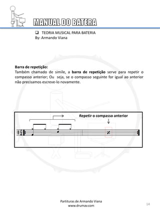 14
Barra de repetição:
Também chamado de simile, a barra de repetição serve para repetir o
compasso anterior; Ou seja, se o compasso seguinte for igual ao anterior
não precisamos escreve-lo novamente.
Repetir o compasso anterior
Partituras de Armando Viana
www.drumav.com
 TEORIA MUSICAL PARA BATERIA
By: Armando Viana
x
 