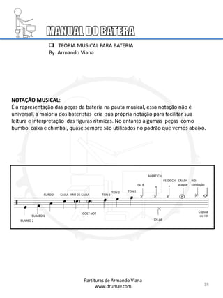 NOTAÇÃO MUSICAL:
É a representação das peças da bateria na pauta musical, essa notação não é
universal, a maioria dos bateristas cria sua própria notação para facilitar sua
leitura e interpretação das figuras rítmicas. No entanto algumas peças como
bumbo caixa e chimbal, quase sempre são utilizados no padrão que vemos abaixo.
BUMBO 1
SURDO CAIXA TON 3
TON 2 TON 1
CH.B.
ABERT.CH.
FE.DE CH. CRASH
ataque
RID
condução
GOST NOT
CH.pé
Cúpula
do rid
BUMBO 2
18
Partituras de Armando Viana
www.drumav.com
ARO DE CAIXA
 TEORIA MUSICAL PARA BATERIA
By: Armando Viana
 