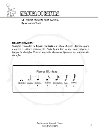 FIGURAS RÍTMICAS:
Também chamadas de figuras musicais, elas são as figuras utilizadas para
escrever os ritmos viradas etc. Cada figura tem o seu valor próprio e
tempo de duração. Veja no exemplo abaixo as figuras e seu numero de
duração.
19
Partituras de Armando Viana
www.drumav.com
 TEORIA MUSICAL PARA BATERIA
By: Armando Viana
 