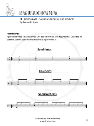 RITMO BASE:
Agora que você se acostumou um pouco com as três figuras mas usandas na
bateria, vamos construir ritmos base a partir delas.
 RITMOS BASE USANDO AS TRÊS FIGURAS RITMICAS
By:Armando Viana
Semínimas
Colcheias
Semicolcheias
34
Partituras de Armando Viana
www.drumav.com
4
4
 