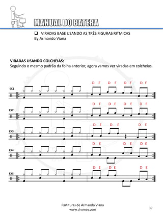 VIRADAS USANDO COLCHEIAS:
Seguindo o mesmo padrão da folha anterior, agora vamos ver viradas em colcheias.
EX1
EX2
EX3
EX4
EX5
37
 VIRADAS BASE USANDO AS TRÊS FIGURAS RITMICAS
By:Armando Viana
Partituras de Armando Viana
www.drumav.com
 
