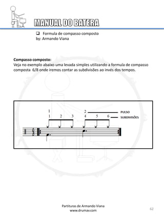 62
62
Compasso composto:
Veja no exemplo abaixo uma levada simples utilizando a formula de compasso
composta 6/8 onde iremos contar as subdivisões ao invés dos tempos.
Partituras de Armando Viana
www.drumav.com
 Formula de compasso composto
by: Armando Viana
 
