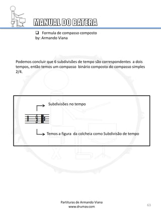 63
 Formula de compasso composto
by: Armando Viana
Podemos concluir que 6 subdivisões de tempo são correspondentes a dois
tempos, então temos um compasso binário composto do compasso simples
2/4.
Subdivisões no tempo
Temos a figura da colcheia como Subdivisão de tempo
Partituras de Armando Viana
www.drumav.com
 