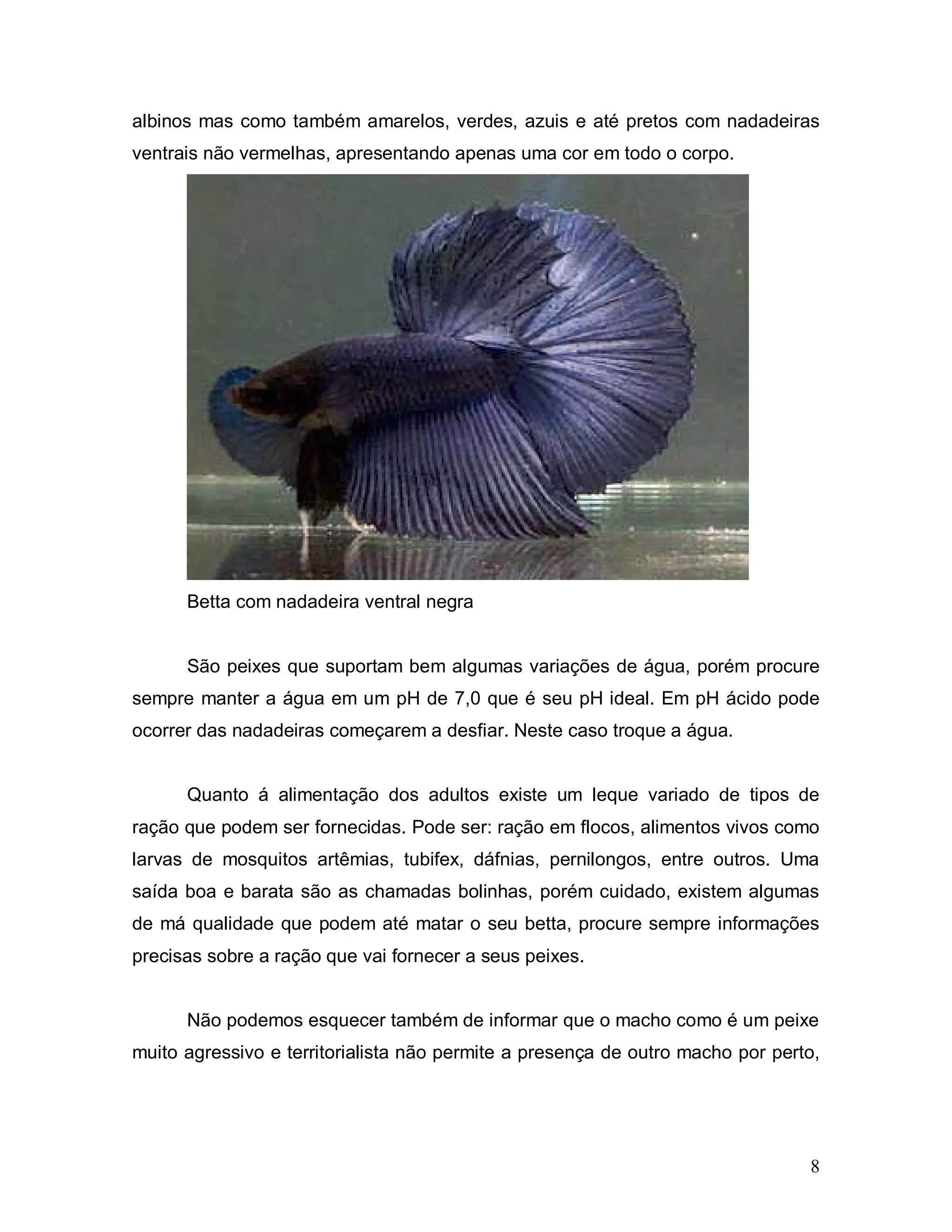 albinos mas como também amarelos, verdes, azuis e até pretos com nadadeiras
ventrais não vermelhas, apresentando apenas uma cor em todo o corpo.




      Betta com nadadeira ventral negra


      São peixes que suportam bem algumas variações de água, porém procure
sempre manter a água em um pH de 7,0 que é seu pH ideal. Em pH ácido pode
ocorrer das nadadeiras começarem a desfiar. Neste caso troque a água.


      Quanto á alimentação dos adultos existe um leque variado de tipos de
ração que podem ser fornecidas. Pode ser: ração em flocos, alimentos vivos como
larvas de mosquitos artêmias, tubifex, dáfnias, pernilongos, entre outros. Uma
saída boa e barata são as chamadas bolinhas, porém cuidado, existem algumas
de má qualidade que podem até matar o seu betta, procure sempre informações
precisas sobre a ração que vai fornecer a seus peixes.


      Não podemos esquecer também de informar que o macho como é um peixe
muito agressivo e territorialista não permite a presença de outro macho por perto,




                                                                                8
 